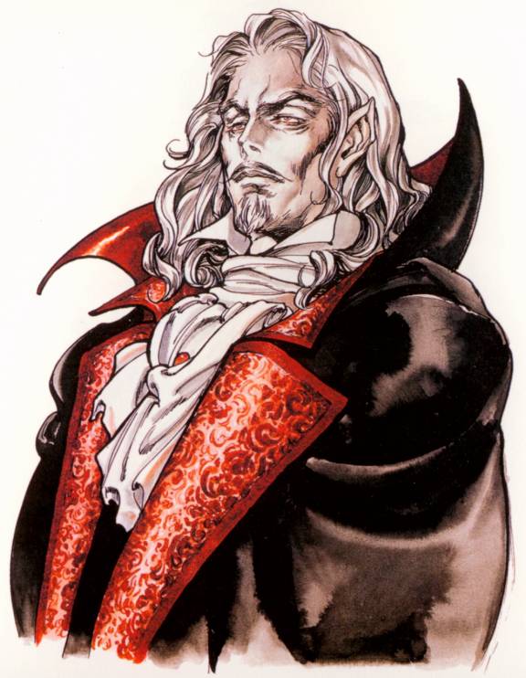 kojima ayami, dracula, dracula (castlevania), castlevania: symphony of the night, castlevania (series), konami, jpeg artifacts, official art, 1boy, ascot, facial hair, goatee, male focus, manly, mustache, pale skin, pointy ears, profile, red eyes, solo, vampire, white hair