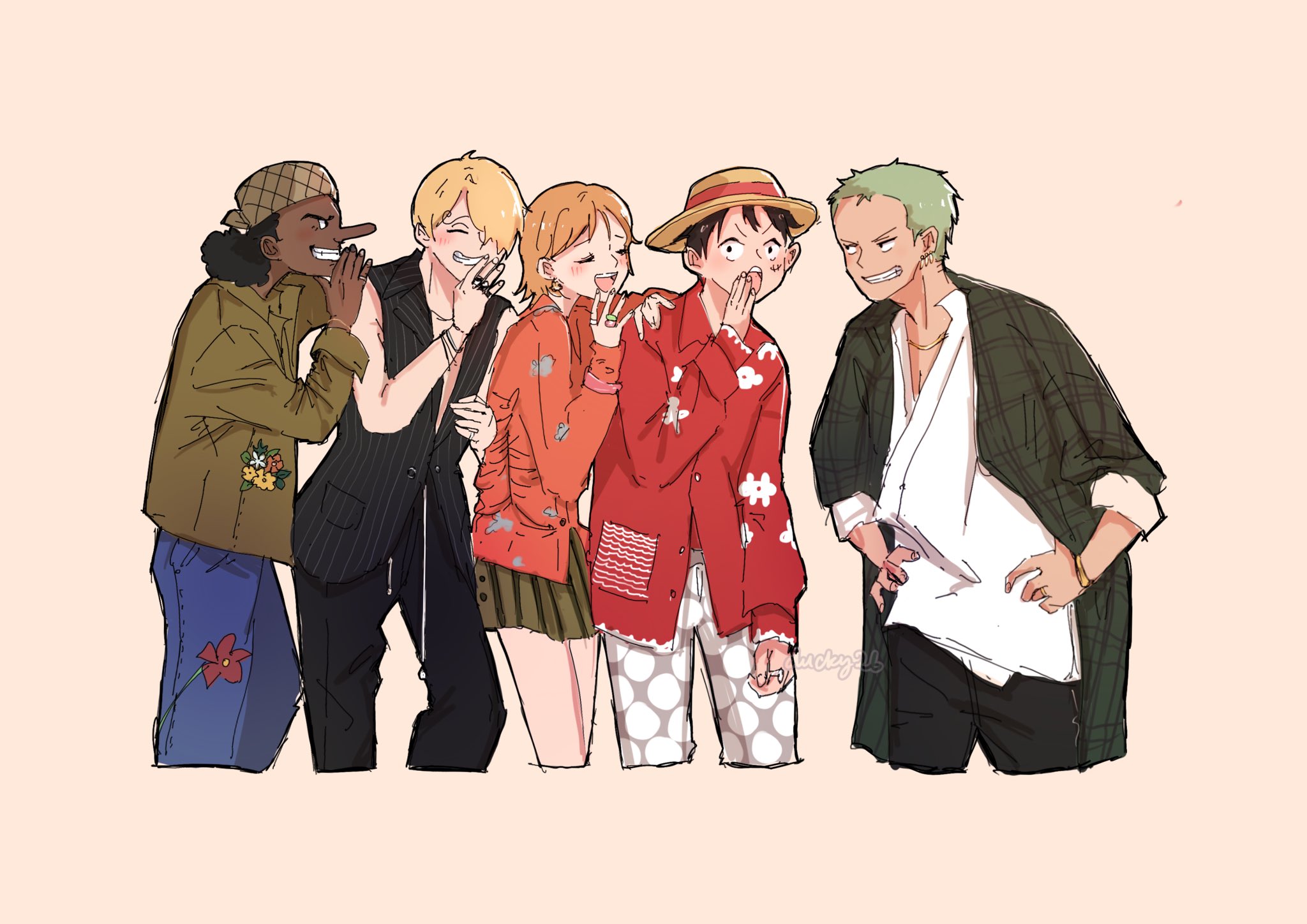 ria (917 ria), monkey d. luffy, nami (one piece), roronoa zoro, sanji (one piece), usopp, one piece, one piece (live action), commentary, highres, 1girl, 4boys, ^ ^, black hair, blush, closed eyes, dark-skinned male, dark skin, earrings, green hair, hands on own hips, hat, jewelry, multiple boys, ring, scar, scar on face, simple background, skirt, smile, straw hat, straw hat pirates