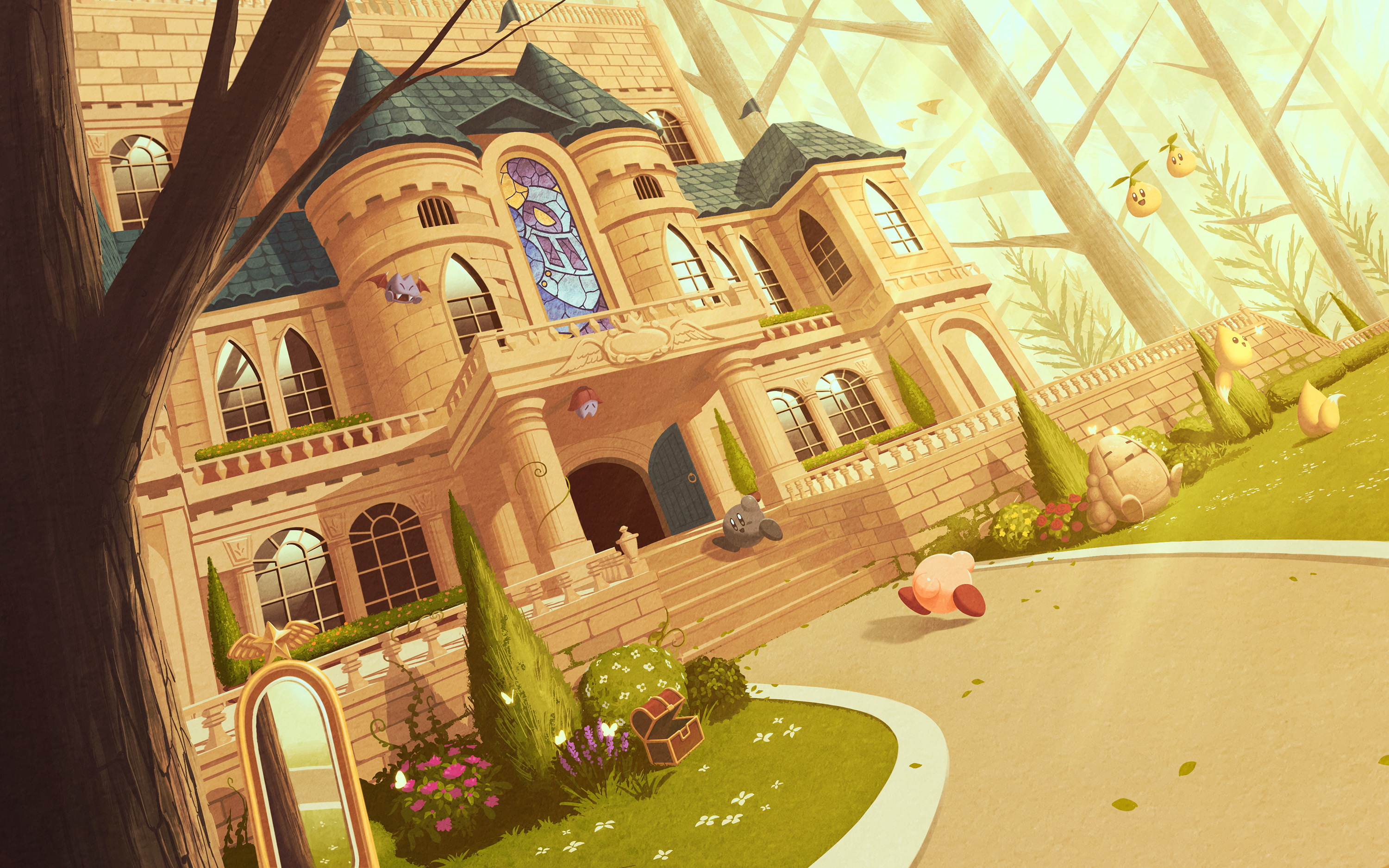 5health, chip (kirby), foley (kirby), golem (kirby), kirby, shadow kirby, soarar, kirby & the amazing mirror, kirby (series), nintendo, commentary request, highres, batty (kirby), building, bush, castle, column, flower, full body, golem, grass, leaf, looking back, mirror, no humans, open door, open mouth, outdoors, path, pillar, road, sitting, sleeping, smile, stained glass, star (symbol), treasure chest, tree, window