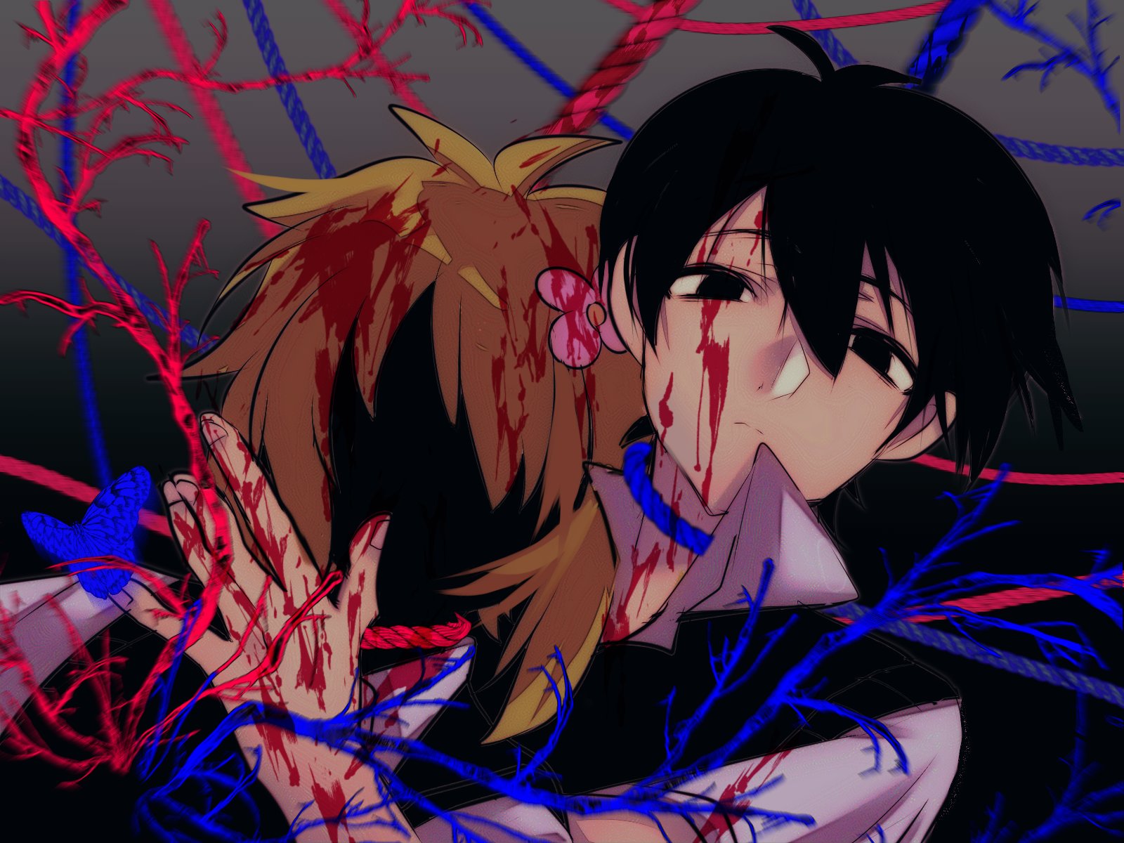 kauchi (kani10cauchi), basil (faraway) (omori), basil (omori), sunny (omori), omori, commentary, english commentary, highres, 2boys, ||/, antenna hair, black background, black eyes, black hair, black skin, black sweater vest, blonde hair, blood, blood in hair, blood on clothes, blood on face, blood on hands, blue butterfly, bug, butterfly, butterfly on hand, closed mouth, collared shirt, colored skin, double-parted bangs, empty eyes, expressionless, faceless, faceless male, film grain, fingernails, flower, frown, gradient background, grey background, hair behind ear, hair between eyes, hair flower, hair ornament, hand up, head on another's shoulder, insect, looking at viewer, male focus, multicolored hair, multiple boys, no pupils, noose, pink flower, shirt, short hair, short sleeves, simple background, sweater vest, two-tone hair, very short hair, white shirt