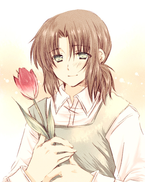 lithuania (hetalia), axis powers hetalia, non-web source, 00s, 1boy, brown hair, flower, green eyes, male focus, smile, solo, tulip