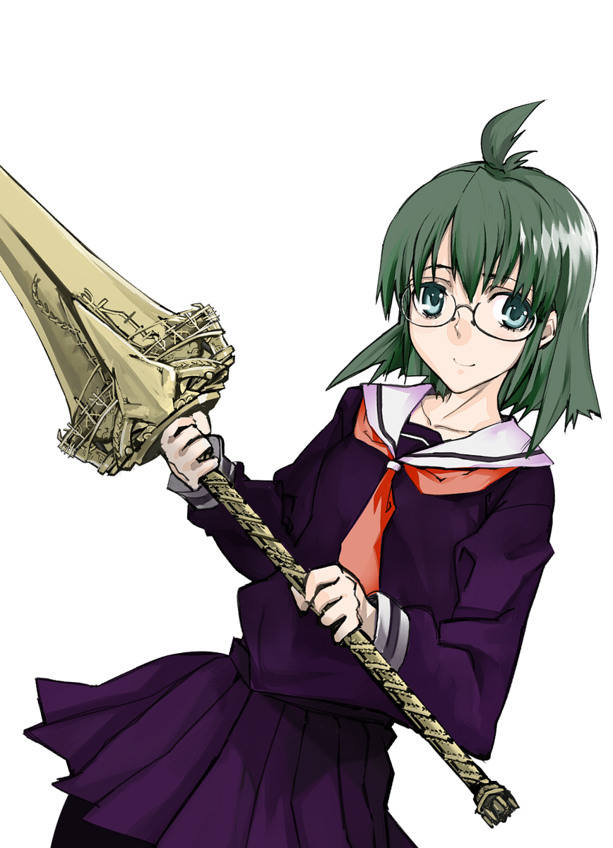 samuraig, bad id, bad pixiv id, highres, ahoge, glasses, school uniform, serafuku, solo, weapon