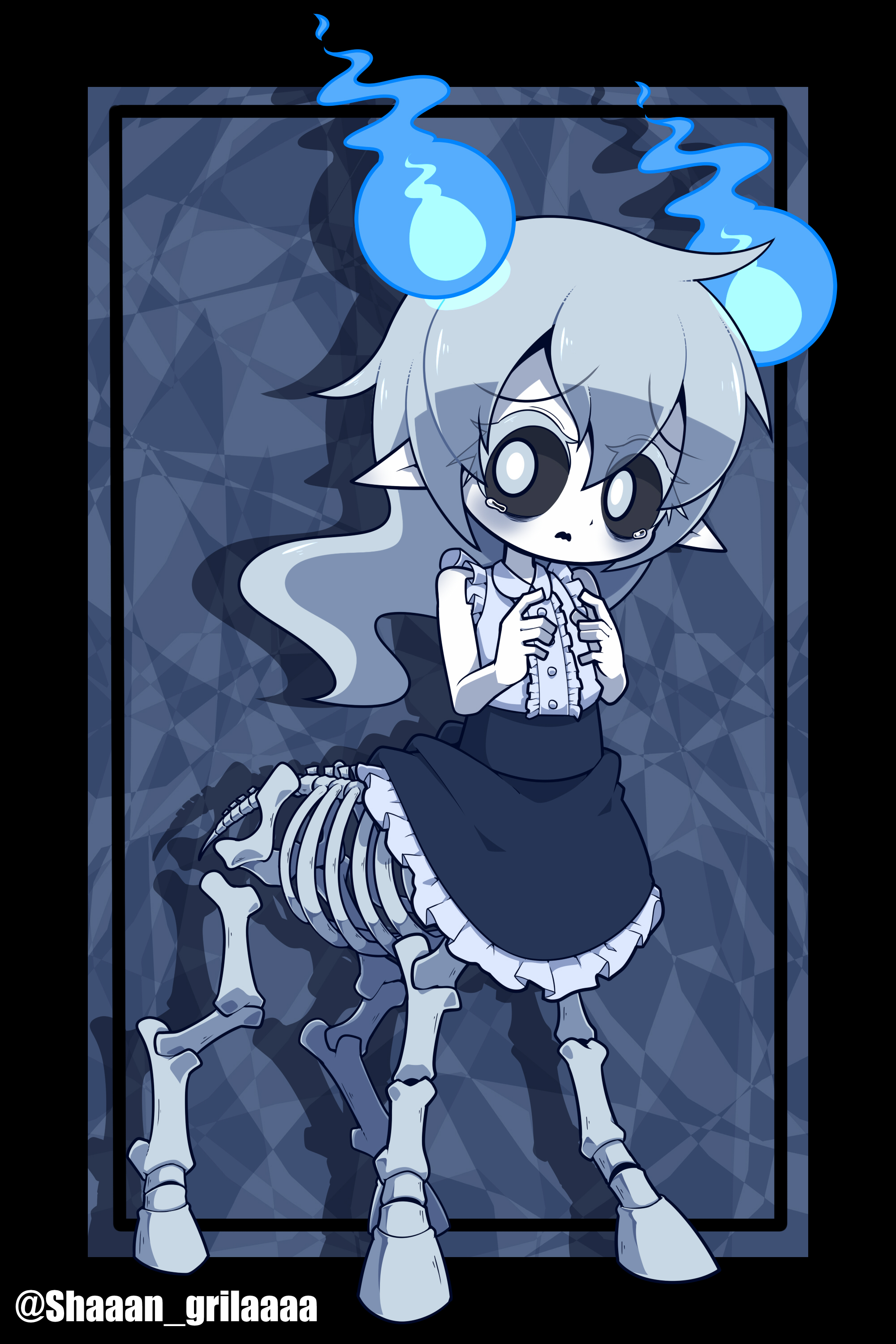 shan grila, original, absurdres, commentary request, highres, black skirt, blue fire, blush, bright pupils, centauroid, checkered background, chibi, chibi only, colored eyelashes, constricted pupils, fire, flying sweatdrops, frilled shirt, frilled sleeves, frills, full body, grey eyes, grey hair, long eyelashes, open mouth, pointy ears, sable-chan (shan grila), sad, shadow, shirt, skeleton, skeleton horse, skirt, sleeveless, sweat, tareme, taur, tears, wavy mouth, white eyelashes, white pupils, white shirt, worried