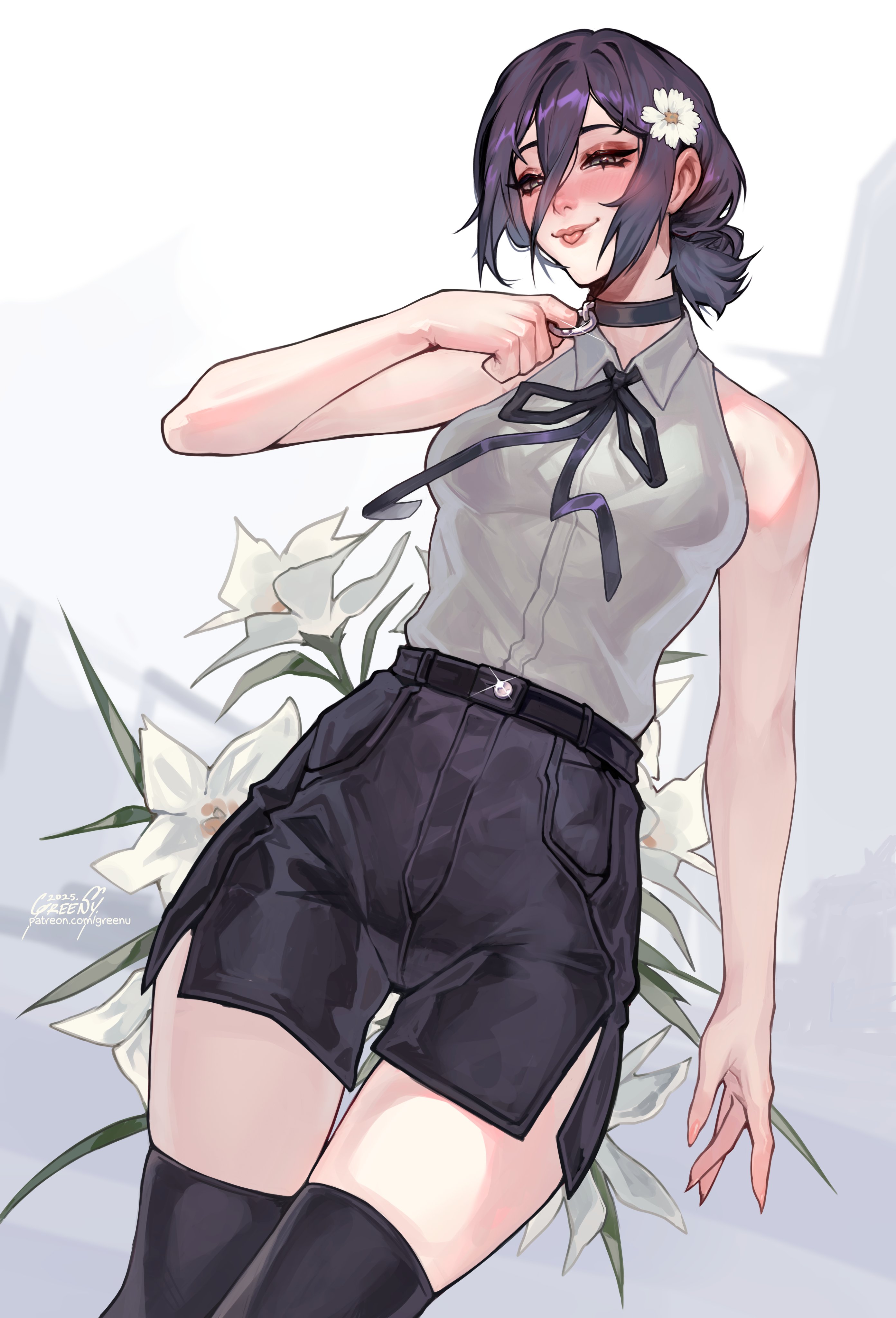 greenu, reze (chainsaw man), chainsaw man, absurdres, commentary, highres, 1girl, black choker, black hair, black ribbon, black shorts, black thighhighs, choker, flower, grenade pin, hair bun, hair flower, hair ornament, high-waist shorts, neck ribbon, ribbon, shirt tucked in, short shorts, shorts, single hair bun, sleeveless, solo, thighhighs, thighs, tongue, tongue out