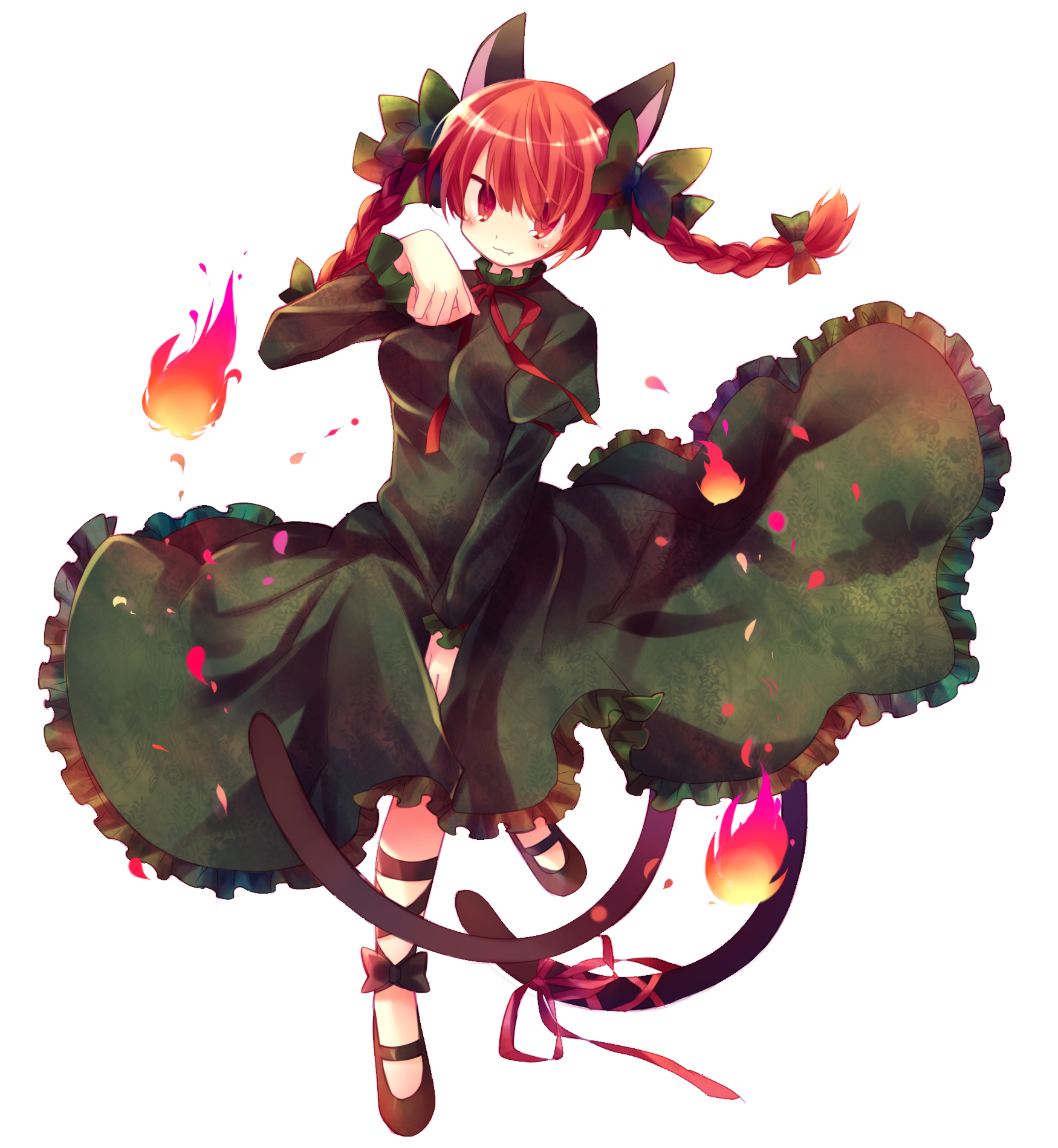 ibara riato, kaenbyou rin, touhou, bad id, bad pixiv id, highres, 1girl, animal ears, braid, cat ears, cat girl, cat tail, female focus, full body, multiple tails, red eyes, red hair, short hair, solo, tail, transparent background, twin braids