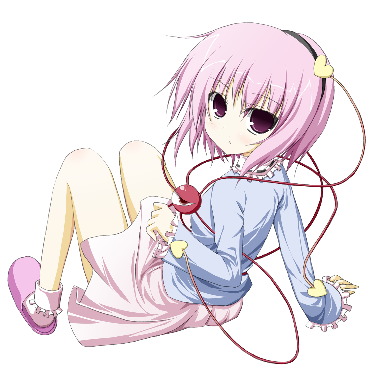 miyupon, komeiji satori, touhou, bad id, bad pixiv id, highres, 1girl, female focus, full body, hairband, heart, looking back, purple eyes, purple hair, short hair, sitting, slippers, socks, solo, transparent background