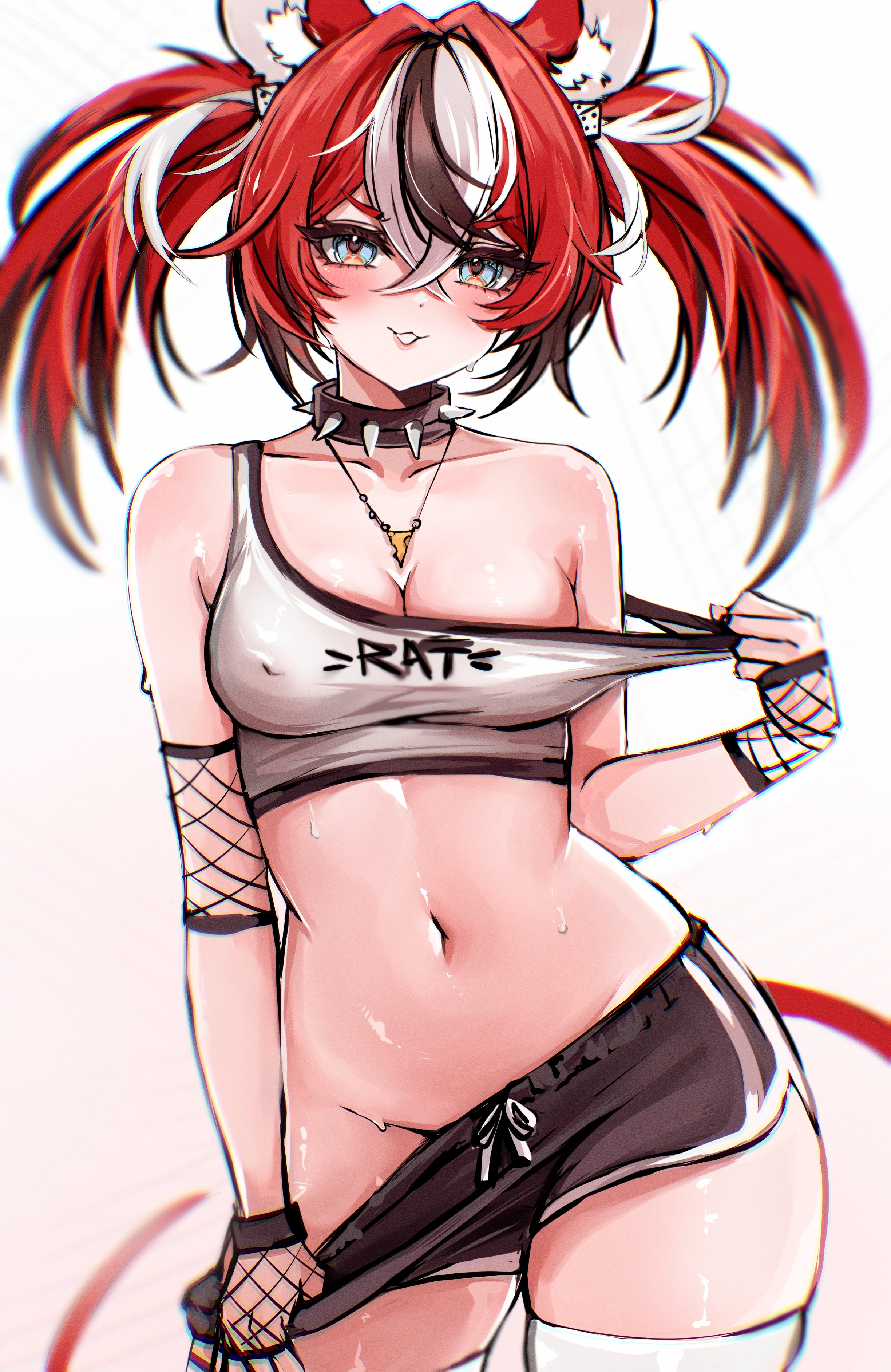 mokiemokki, hakos baelz, hololive, hololive english, absurdres, commentary, highres, 1girl, alternate costume, animal ear fluff, animal ears, black hair, black shorts, black streaks, blue eyes, blurry, breasts, cheese, cleavage, clothes pull, collar, collarbone, covered erect nipples, depth of field, dice hair ornament, dolphin shorts, double-parted bangs, fishnet gloves, fishnets, food, food-themed necklace, gloves, groin, hair between eyes, hair ornament, jewelry, medium breasts, mouse ears, mouse tail, multicolored hair, navel, necklace, off shoulder, pants, pants pull, pulling own clothes, red hair, shorts, single fishnet armwear, smile, spiked collar, spikes, standing, strap pull, sweat, tail, thighhighs, thighs, twintails, uneven twintails, v-shaped eyebrows, virtual youtuber, white background, white hair