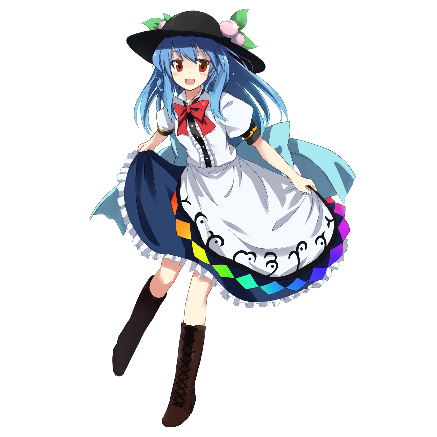 gotyou, hinanawi tenshi, touhou, bad id, bad pixiv id, highres, 1girl, blue hair, blush, curtsey, fang, female focus, food, fruit, full body, hat, long hair, open mouth, peach, red eyes, ribbon, simple background, skirt hold, smile, solo, transparent background, white background