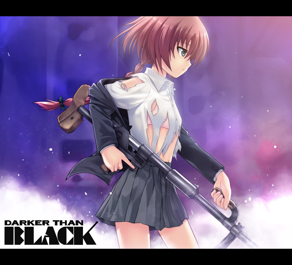 40010prototype, suou pavlichenko, darker than black, 00s, anti-materiel rifle, blazer, bolt action, bra, braid, dress shirt, green eyes, gun, jacket, letterboxed, lingerie, ponytail, ptrd-41, red hair, rifle, shirt, single braid, skirt, sniper rifle, solo, torn clothes, underwear, weapon
