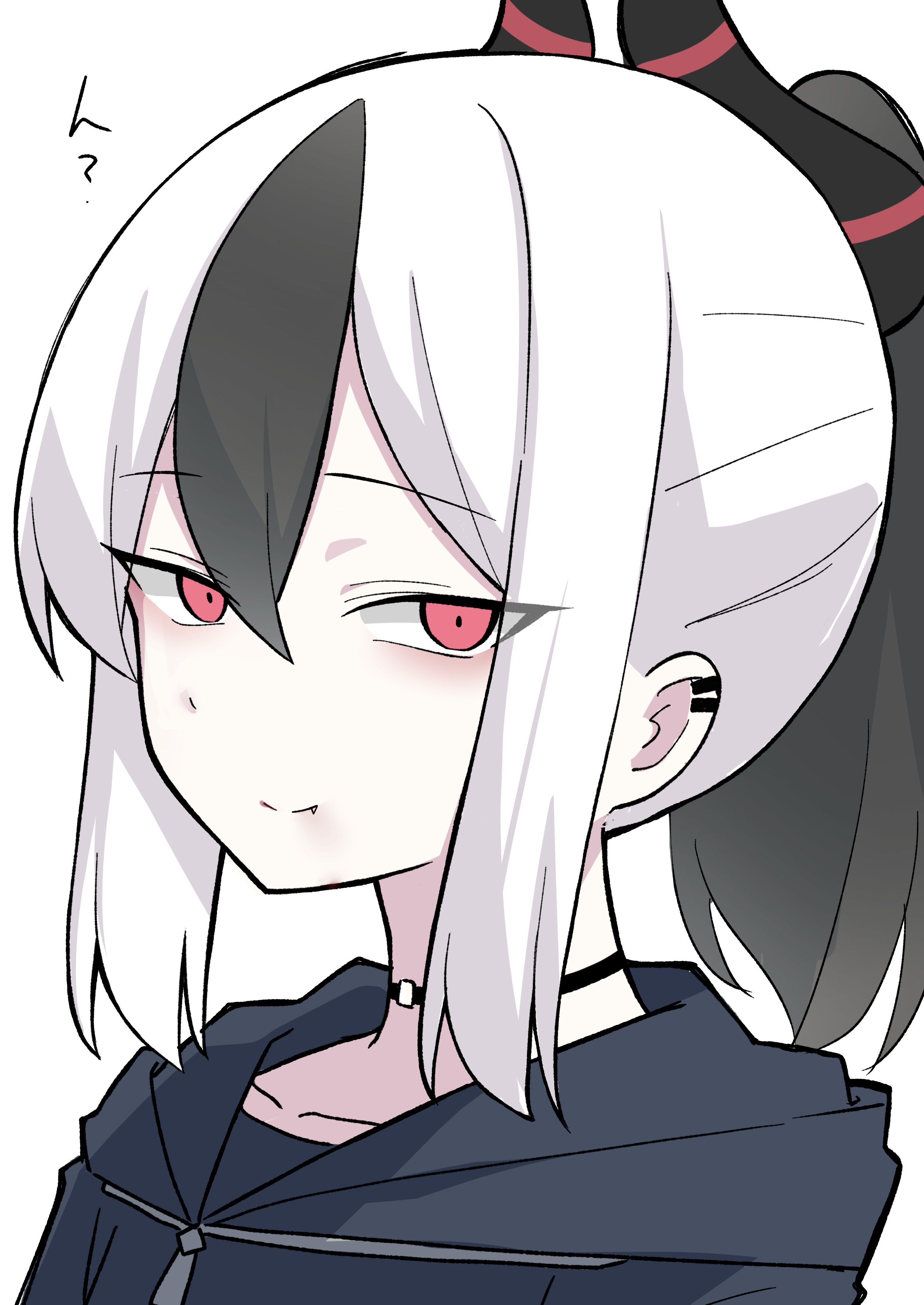 nyanzai-sensei, kayoko (blue archive), blue archive, absurdres, commentary request, highres, 1girl, black choker, black hair, black horns, choker, closed mouth, fang, fang out, from side, grey background, hair between eyes, horns, looking at viewer, looking to the side, multicolored hair, ponytail, portrait, red eyes, simple background, smile, solo, two-tone hair, white hair