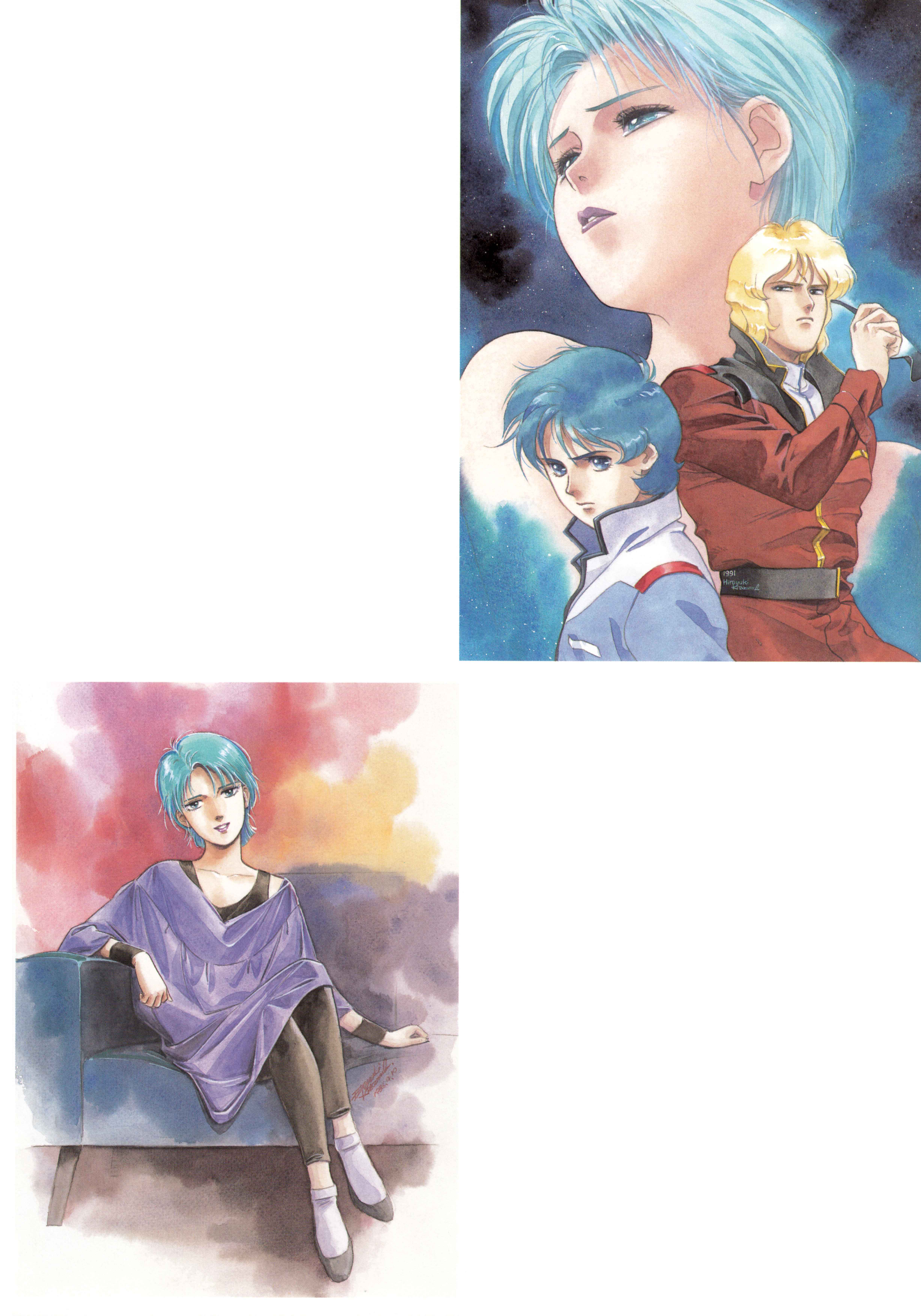 kitazume hiroyuki, char aznable, four murasame, kamille bidan, quattro bajeena, gundam, zeta gundam, zeta gundam define, 1980s (style), absurdres, highres, magazine scan, official art, painting (medium), scan, traditional media, watercolor (medium), 1980s fashion, 1990s (style), 1girl, 2boys, aeug, aqua hair, blonde hair, blue eyes, blue hair, comparison, couch, military uniform, mullet, multiple boys, oldschool, purple lips, removing eyewear, retro artstyle, science fiction, short hair, sitting, sunglasses, titans (gundam), wristband