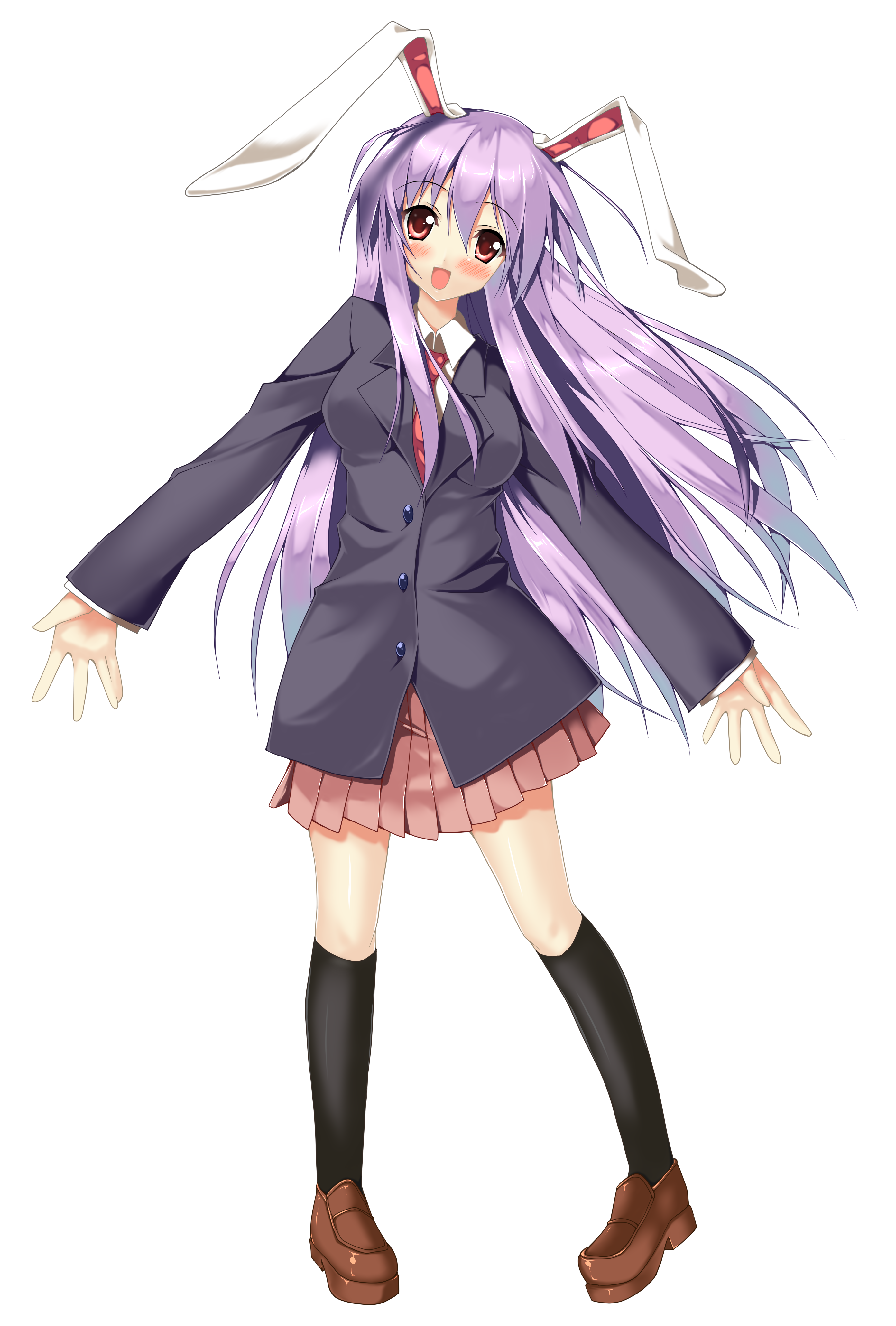 piromizu, reisen udongein inaba, touhou, absurdres, highres, 1girl, animal ears, blazer, blush, breasts, female focus, full body, jacket, kantoku (style), long hair, looking at viewer, medium breasts, necktie, open mouth, outstretched arms, outstretched hand, pigeon-toed, purple hair, rabbit ears, red eyes, skirt, smile, solo, spread arms, standing, transparent background