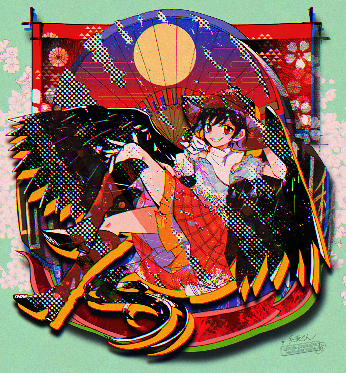 itomugi-kun, kurokoma saki, touhou, highres, 1girl, :d, bandana, bandana around neck, black hair, black wings, blue shirt, boots, brown boots, brown hat, cowboy hat, full body, grin, hand on headwear, hat, horse girl, horse tail, looking at viewer, medium hair, open mouth, red eyes, red skirt, shirt, short sleeves, signature, skirt, smile, solo, tail, uroko (pattern), watermark, wings