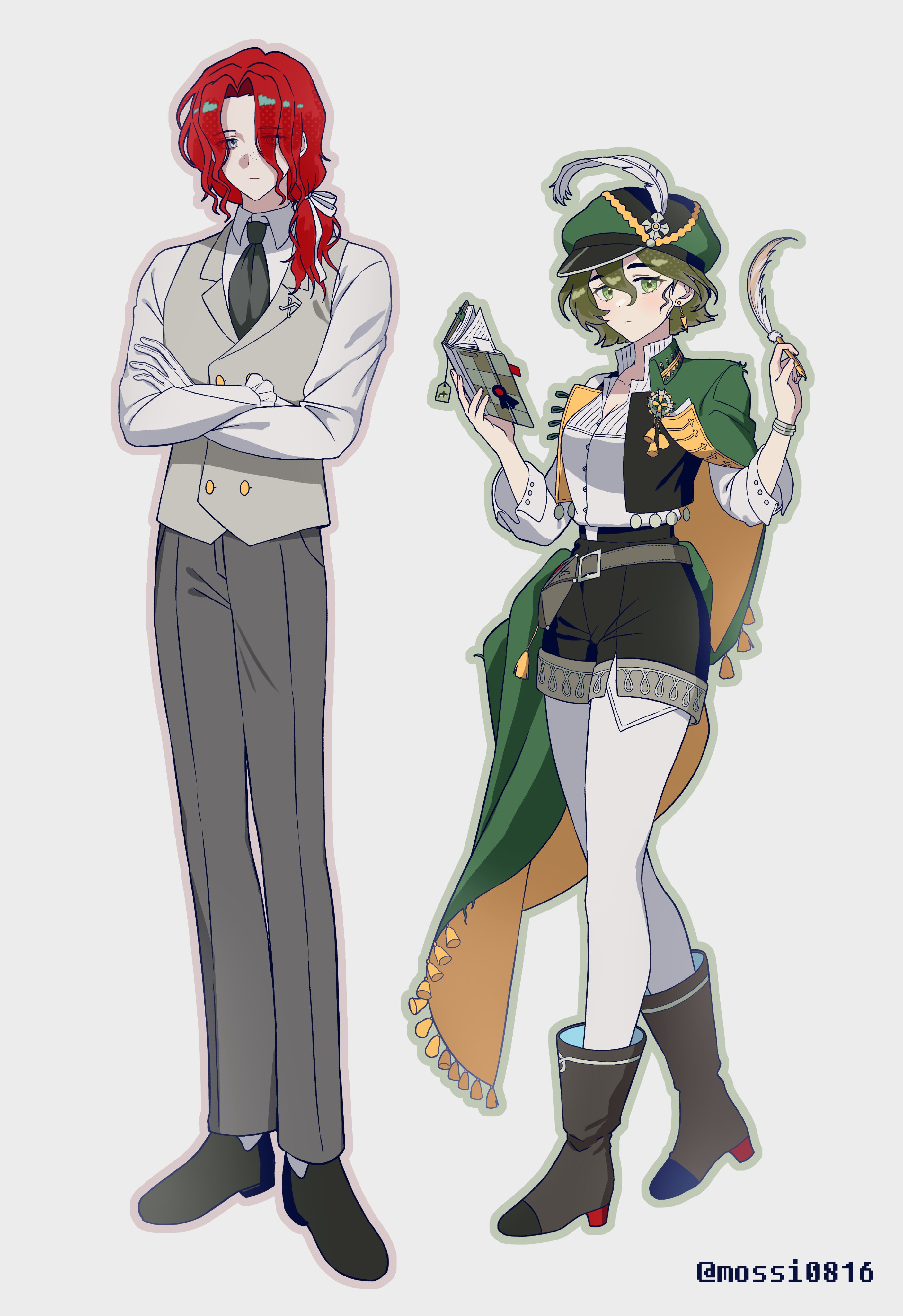 mossi (mossi0816), aleph (reverse:1999), recoleta (reverse:1999), reverse:1999, absurdres, commentary request, highres, korean commentary, 1boy, 1girl, :|, alternate costume, black necktie, black shoes, black shorts, black vest, boots, breasts, brown boots, brown hair, cape, cleavage, closed mouth, collared shirt, crossed arms, eyes visible through hair, feather hair ornament, feathers, freckles, full body, gloves, green cape, green eyes, green hat, grey background, grey eyes, grey pants, grey vest, hair between eyes, hair ornament, hair over one eye, hands up, hat, holding, holding notebook, holding quill, looking at viewer, low ponytail, medium hair, mole, mole under eye, necktie, newsboy cap, notebook, open clothes, open vest, pants, pantyhose, ponytail, quill, red hair, shirt, shoes, short hair, short shorts, shorts, standing, twitter username, vest, waistcoat, white gloves, white pantyhose, white shirt