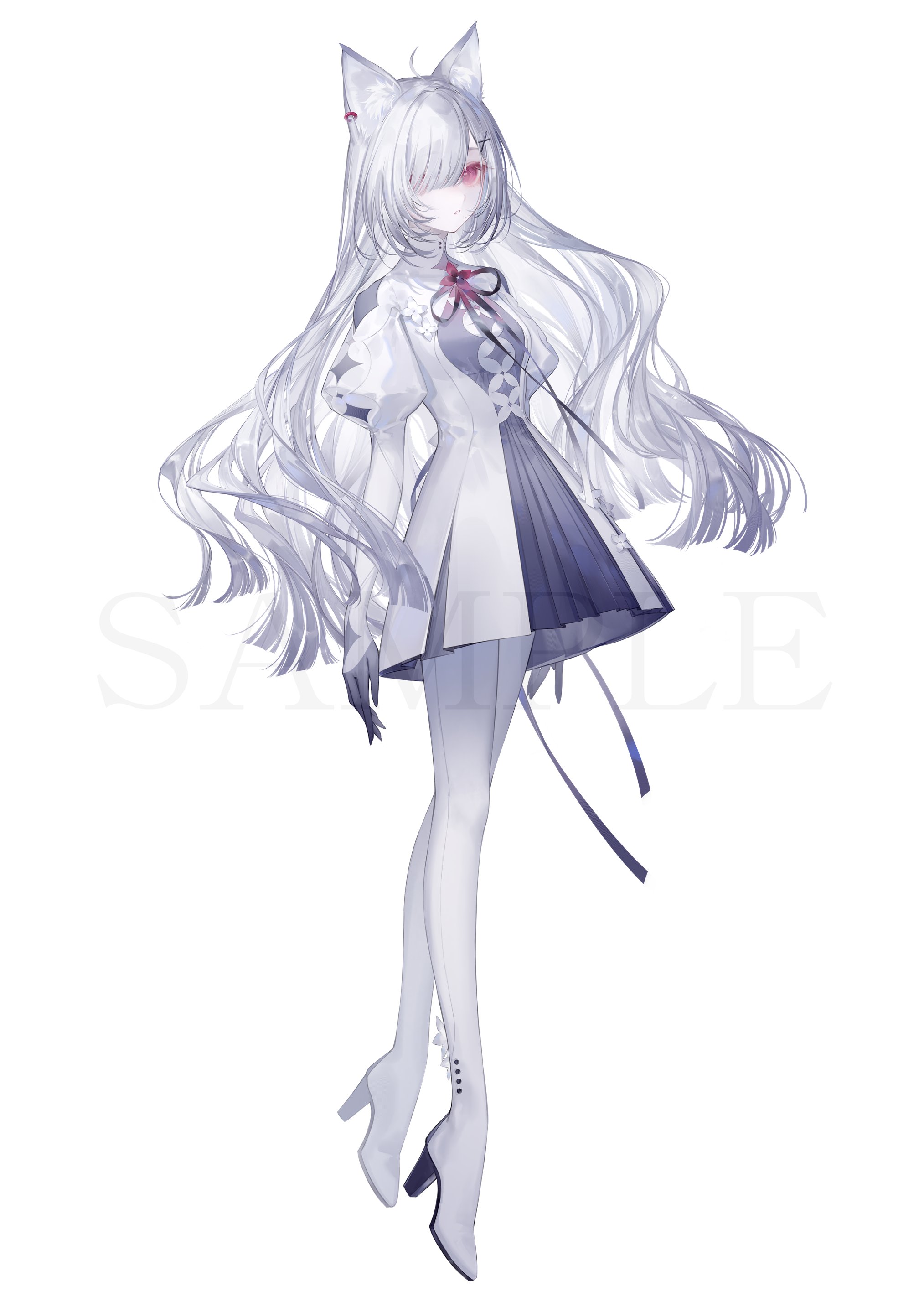 yoggi (stretchmen), voisona, absurdres, commentary request, highres, official art, 1girl, animal ear fluff, animal ears, boots, dog ears, dog girl, dress, full body, hair ornament, ichika (voisona), juliet sleeves, long sleeves, puffy sleeves, red eyes, sample watermark, simple background, solo, virtual youtuber, watermark, white background, white boots, white dress, white hair, x hair ornament