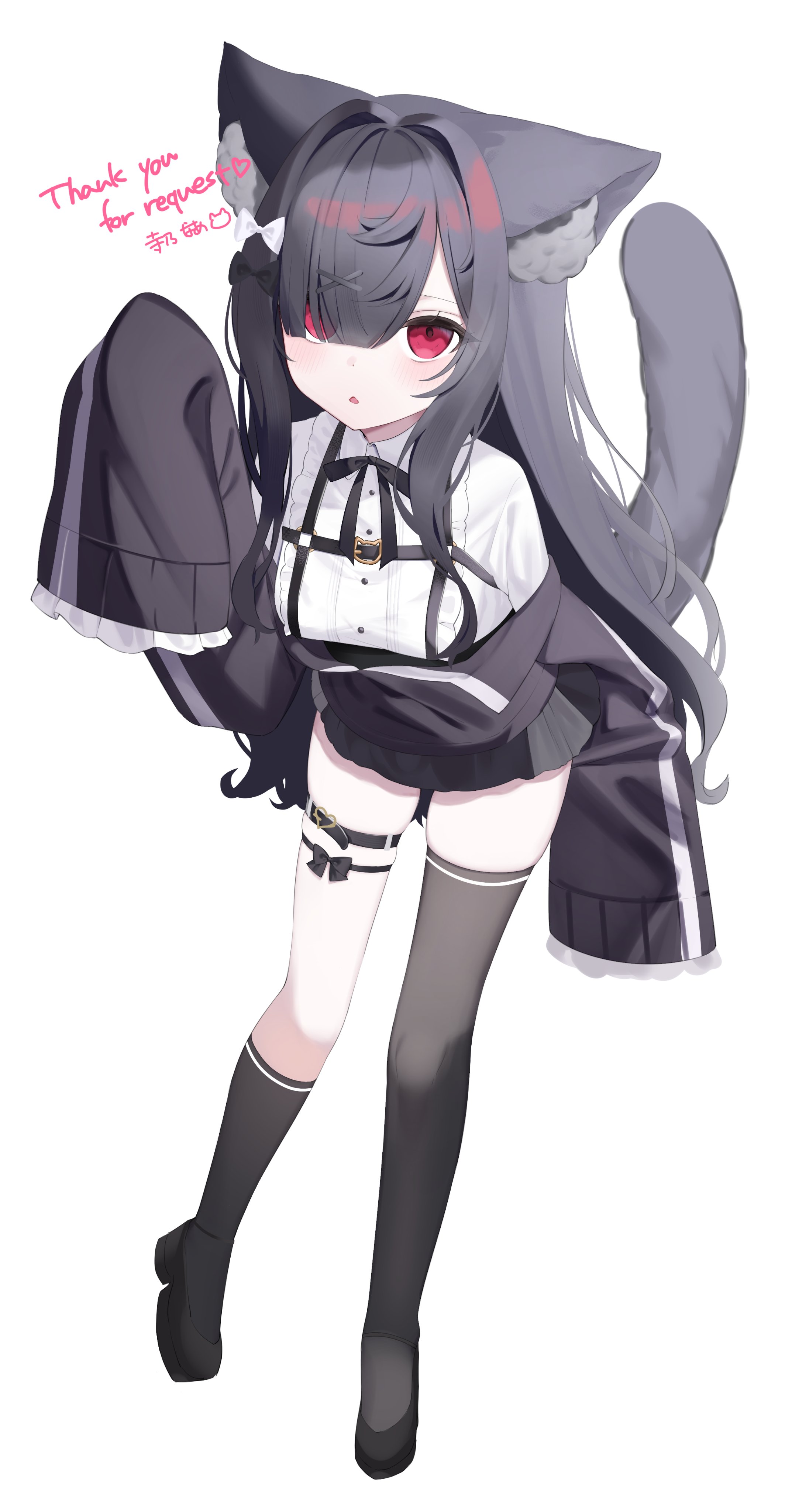 terano naa, original, absurdres, commentary, commission, highres, skeb commission, 1girl, animal ear fluff, animal ears, asymmetrical legwear, black bow, black hair, black jacket, black ribbon, black shoes, black skirt, black socks, black thighhighs, bow, cat ears, cat girl, cat tail, collared shirt, full body, jacket, long hair, long sleeves, off shoulder, red eyes, ribbon, shirt, shoes, simple background, skirt, socks, solo, tail, thigh strap, thighhighs, white background, white shirt