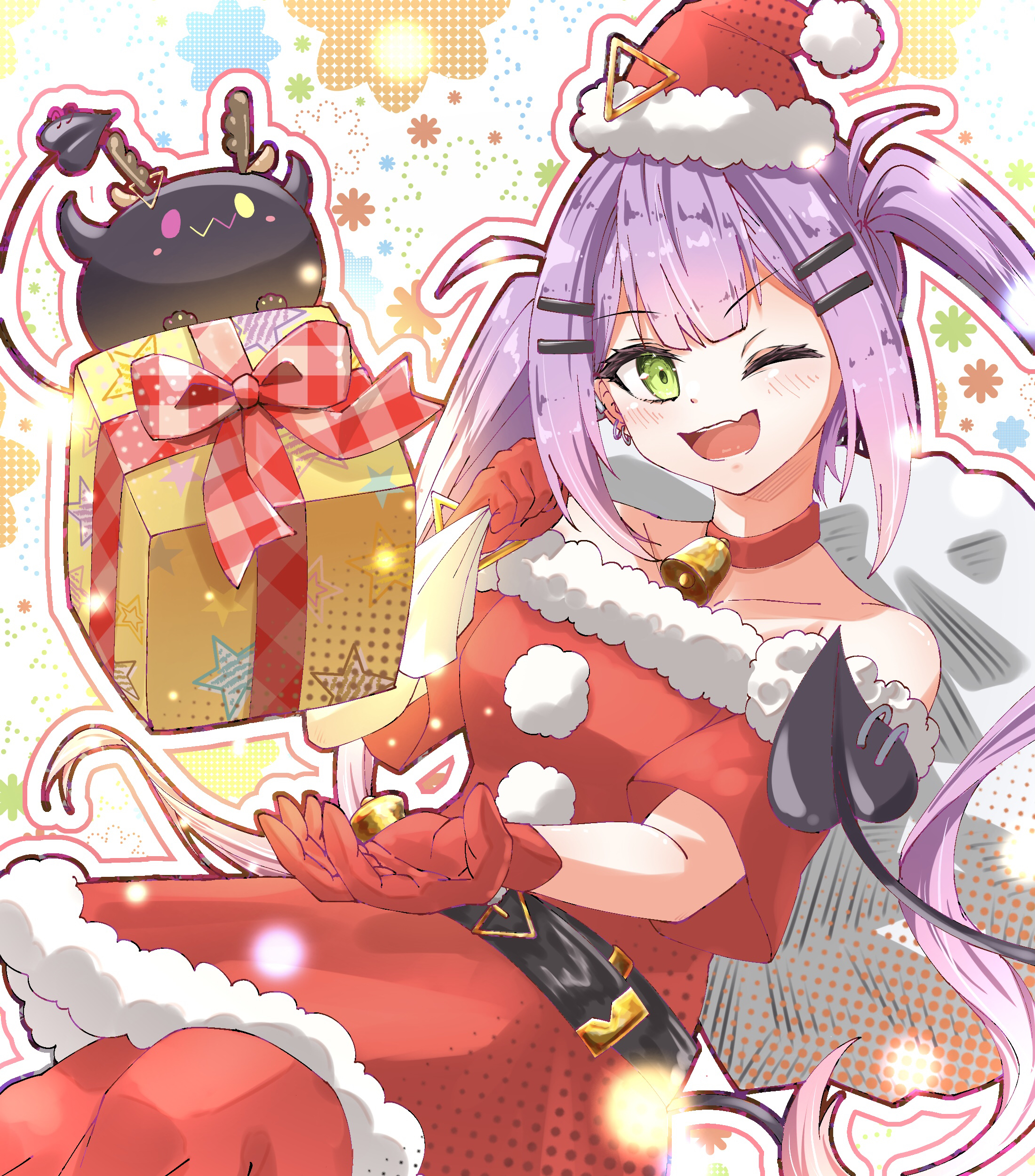 u da desu, bibi (tokoyami towa), tokoyami towa, hololive, absurdres, commentary, highres, 1girl, alternate costume, bell, choker, christmas present, demon girl, demon tail, dress, ear piercing, fang, fur-trimmed dress, fur-trimmed headwear, fur trim, gift, gloves, green eyes, hair ornament, hairpin, hat, jingle bell, long hair, looking at viewer, neck bell, one eye closed, open mouth, pantyhose, piercing, pink hair, purple hair, red choker, red dress, red gloves, red hat, red pantyhose, santa costume, santa dress, santa hat, skin fang, smile, solo, tail, tail ornament, tail piercing, twintails, very long hair, virtual youtuber