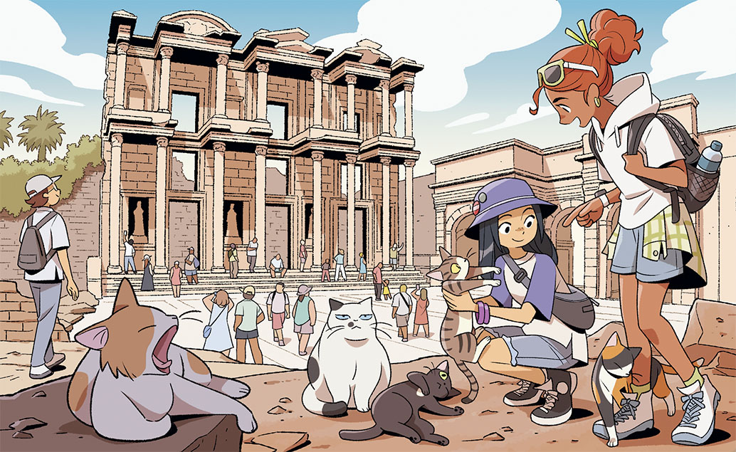 gurihiru, original, commentary request, backpack, bag, black hair, blue shorts, blue sky, bucket hat, building, calico (pattern), calico cat, cat, crowd, dark skin, day, eyewear on head, hat, hood, hoodie, long hair, multiple boys, multiple girls, orange hair, outdoors, plaid clothes, ponytail, raglan sleeves, real world location, shoes, shorts, sky, sneakers, squatting, sunglasses, tan, turkey (country), whiskers, white hoodie, yawning