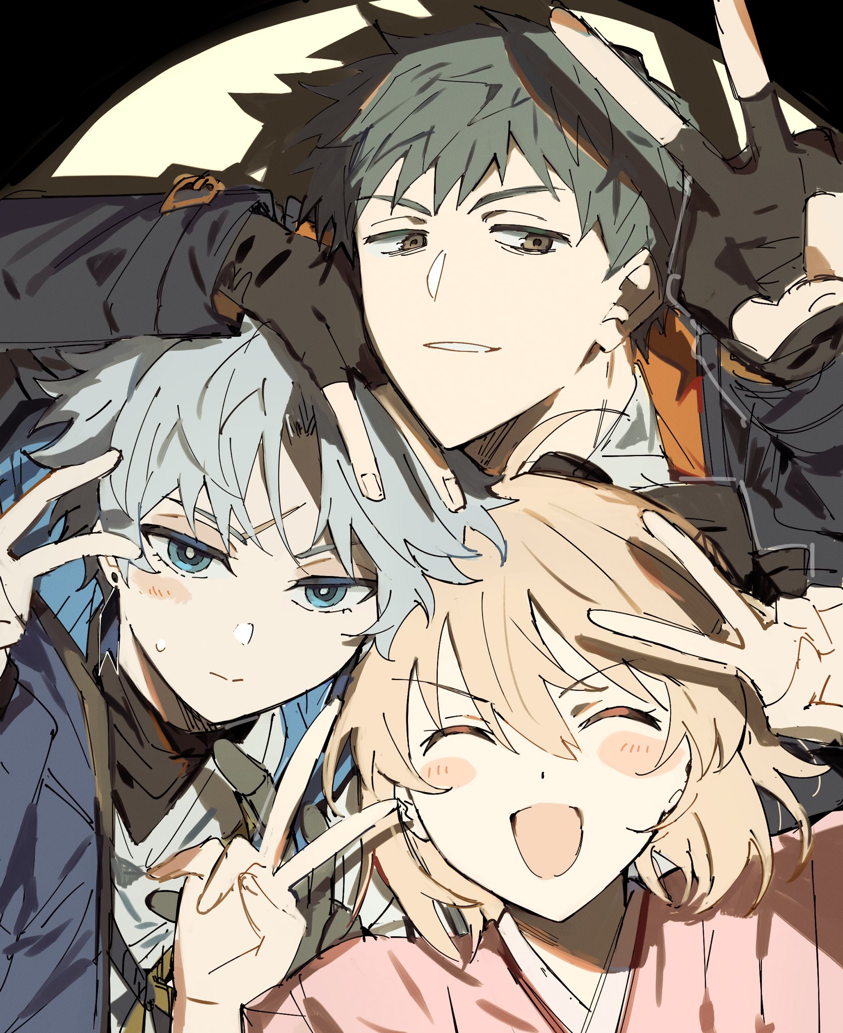 toramaru (696anna), saitou hajime (fate), saitou hajime (first ascension) (fate), toudou heisuke (fate), fate/grand order, fate (series), highres, 1girl, 2boys, ahoge, bags under eyes, black bow, black coat, black gloves, blonde hair, blue eyes, blush, bow, closed eyes, coat, collared coat, collared shirt, double v, earrings, fingerless gloves, gloves, grey eyes, grey hair, hair bow, half updo, hand on another's head, hood, hooded jacket, jacket, japanese clothes, jewelry, kimono, looking at viewer, multicolored jacket, multiple boys, okita souji (first ascension) (fate), open mouth, pink kimono, prosthesis, prosthetic arm, shirt, smile, sweat, turtleneck, two-tone jacket, v, white hair, white shirt