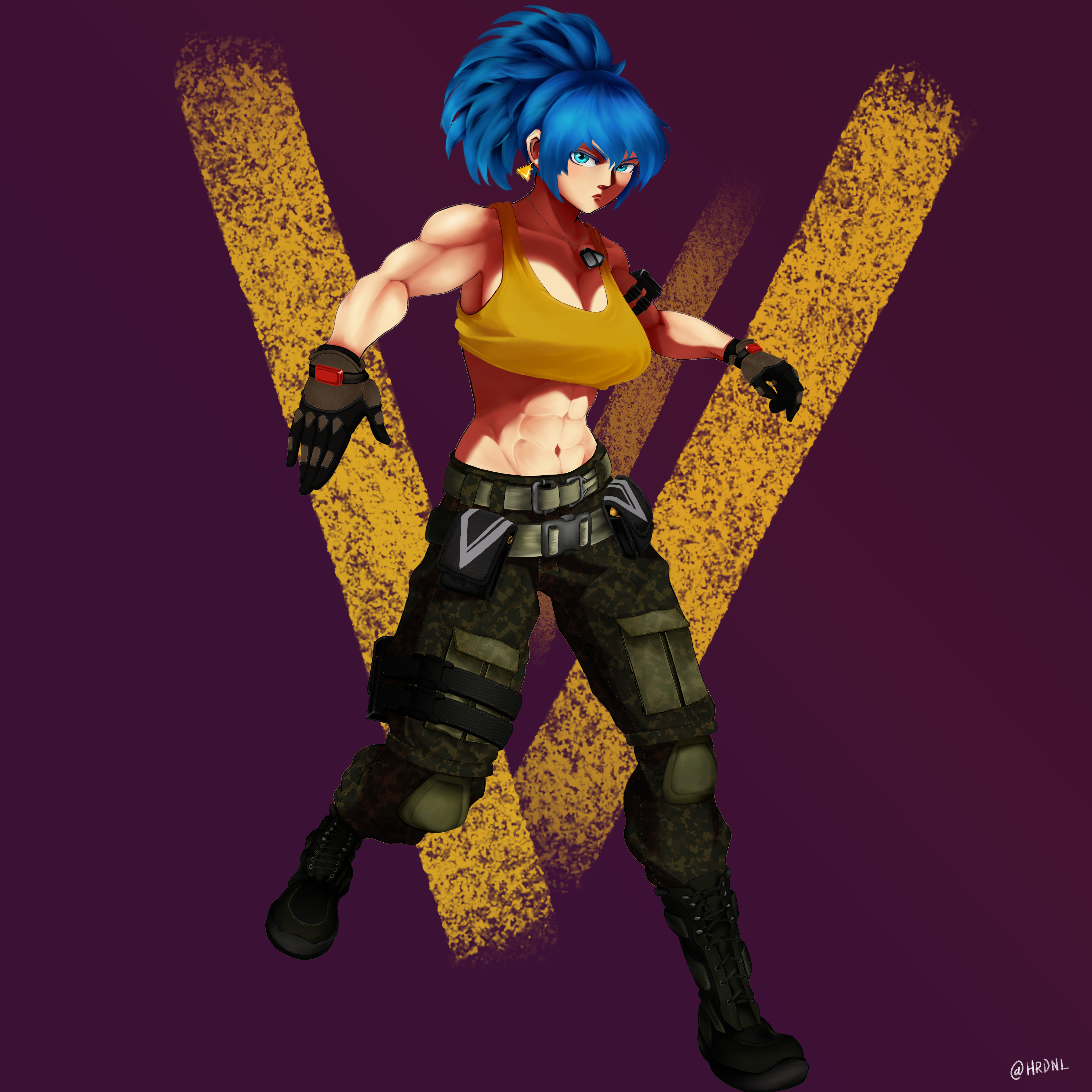 leona heidern, the king of fighters, 1girl, blue eyes, blue hair, boots, breasts, female focus, hrdnl, huge breasts, large breasts, leather, long hair, looking at viewer, military, pants, ponytail, tank top, toned, toned female