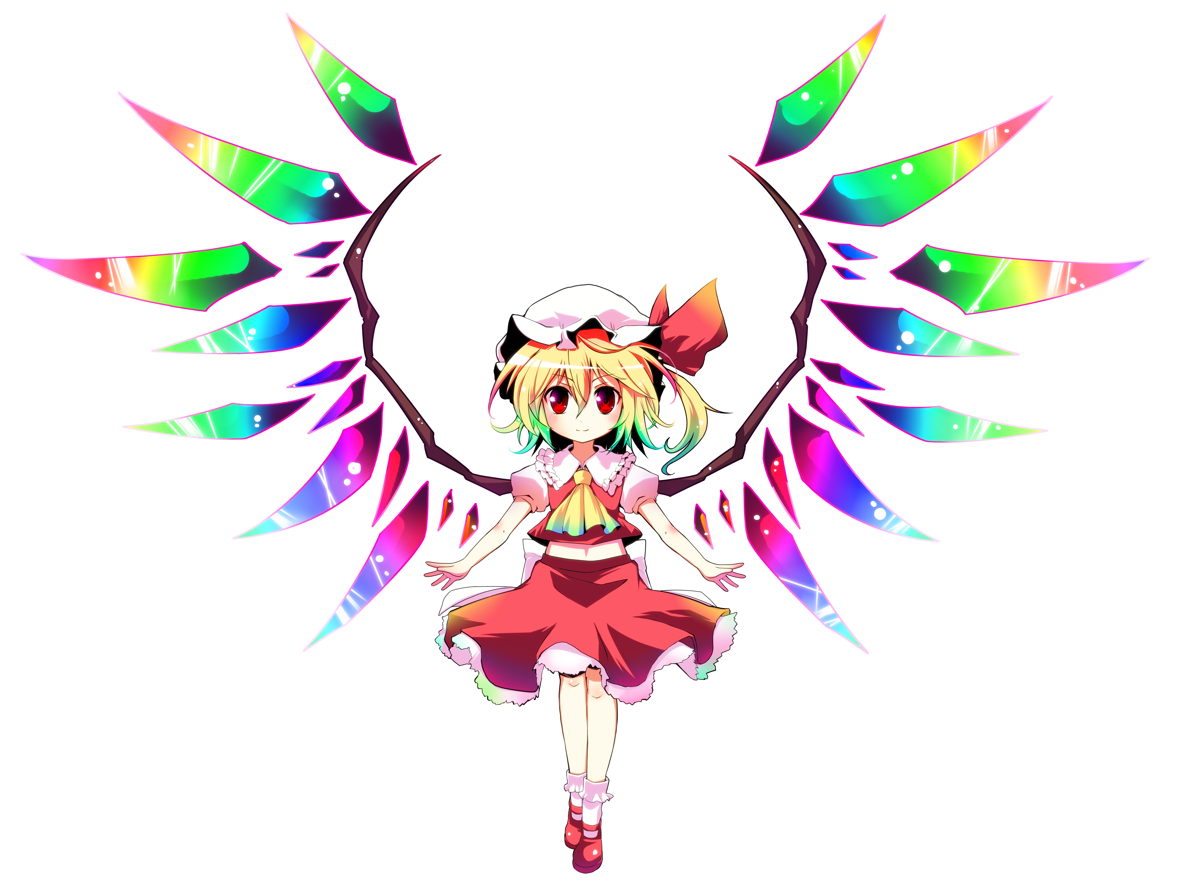 bell (artist), bell (oppore coppore), flandre scarlet, embodiment of scarlet devil, touhou, absurdres, highres, 1girl, alternate wings, bat wings, blonde hair, female focus, full body, gradient hair, hat, hat ribbon, multicolored hair, ponytail, red eyes, ribbon, short hair, side ponytail, solo, standing, transparent background, wings