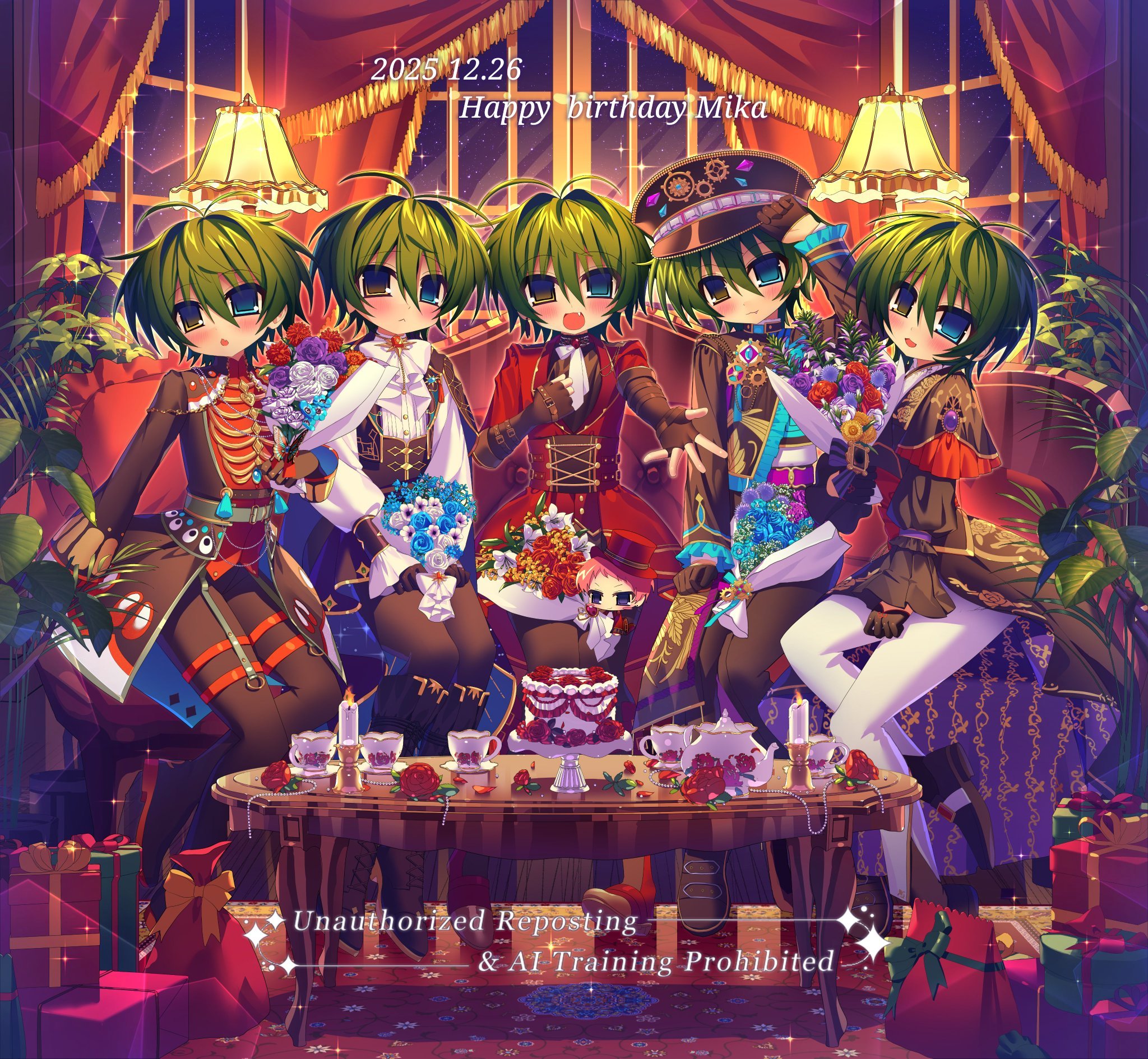 itsuki shu, kagehira mika, ensemble stars!, commentary request, costume request, highres, 1boy, 2000s (style), adjusting clothes, adjusting headwear, androgynous, antenna hair, arm up, beads, black boots, black corset, black gloves, black hat, black jacket, black pants, blue eyes, blue flower, blue rose, blush, boots, bouquet, bow, brooch, candle, center cross lace, character doll, coattails, corset, couch, cup, dated, doll, elbow gloves, fang, faux retro artstyle, feature scout 1 (ensemble stars!), fingerless gloves, flower, frilled sleeves, frills, full body, gem, gift, glove belt, gloves, green hair, hair between eyes, hand on own chest, happy birthday, hat, hermitage (ensemble stars!), high collar, holding, holding bouquet, jacket, jewelry, lamp, long sleeves, looking at viewer, machina (ensemble stars!), male focus, multiple persona, multiple views, night, official alternate costume, on couch, open mouth, outstretched hand, pants, peaked cap, plant, purple flower, purple gem, purple rose, red gemstone, red jacket, rose, short hair, sitting, skin fang, smile, table, tailcoat, teacup, teapot, thigh strap, watashi candy, watermark, white bow, white flower, white pants, white rose, window, wrist belt, yellow eyes