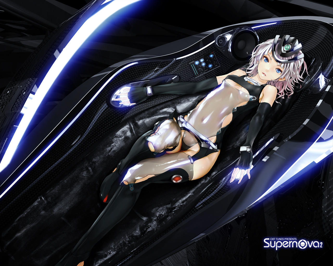redjuice, original, supernova, vocaloid, 1girl, bare shoulders, blue eyes, female focus, fingerless gloves, gloves, solo