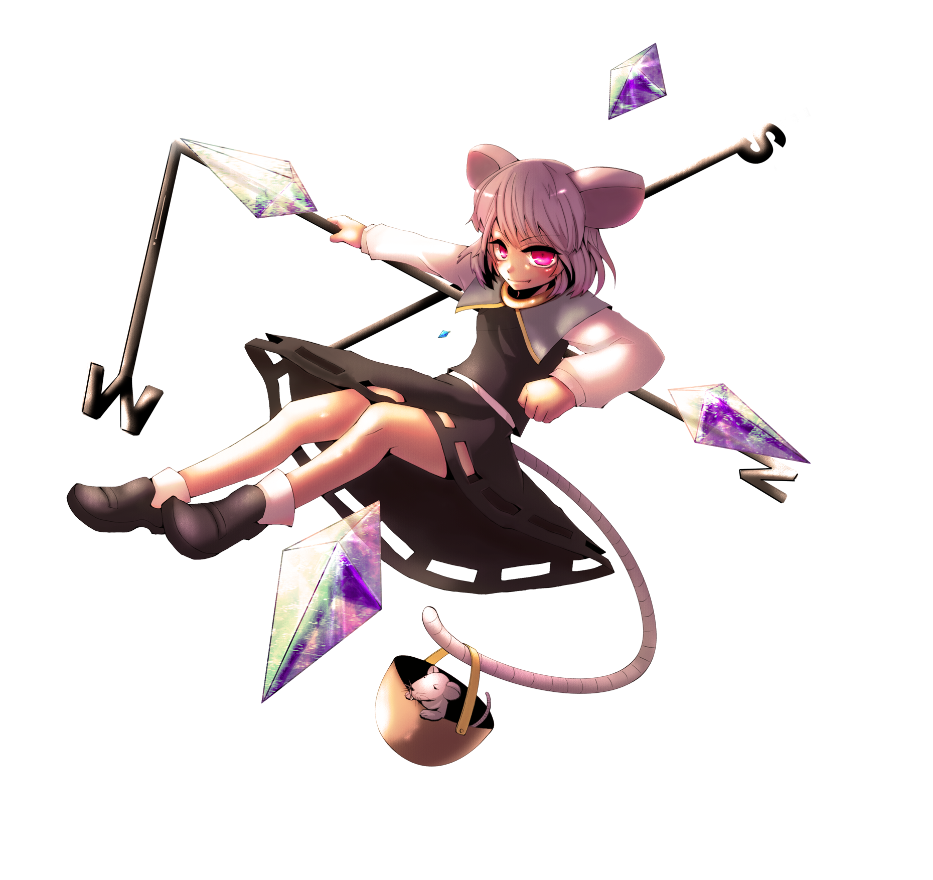 ibitsu, xenolfoss, nazrin, touhou, bad id, bad pixiv id, highres, 1girl, animal ears, basket, female focus, full body, grey hair, jewelry, mouse (animal), mouse ears, mouse tail, pendant, red eyes, short hair, solo, tail, transparent background