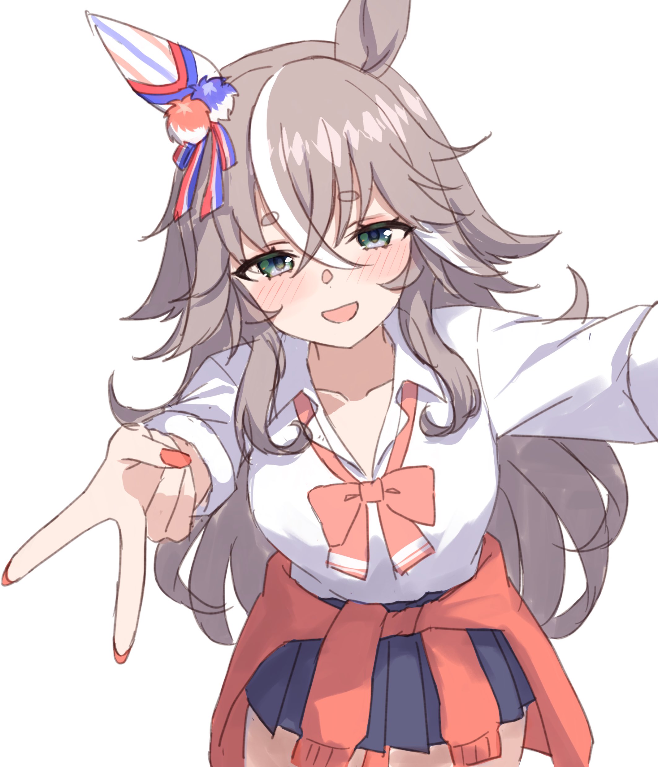 astroglia cyte, wonder acute (umamusume), umamusume, absurdres, commentary request, highres, 1girl, age difference, animal ears, blue eyes, blue skirt, blush, bow, breasts, cardigan, cardigan around waist, clothes around waist, collared shirt, ear covers, grey hair, hair between eyes, horse ears, horse girl, large breasts, long hair, looking at viewer, multicolored hair, open mouth, pink bow, pleated skirt, red cardigan, red nails, school uniform, shirt, simple background, single ear cover, skirt, smile, solo, streaked hair, v, white background, white shirt