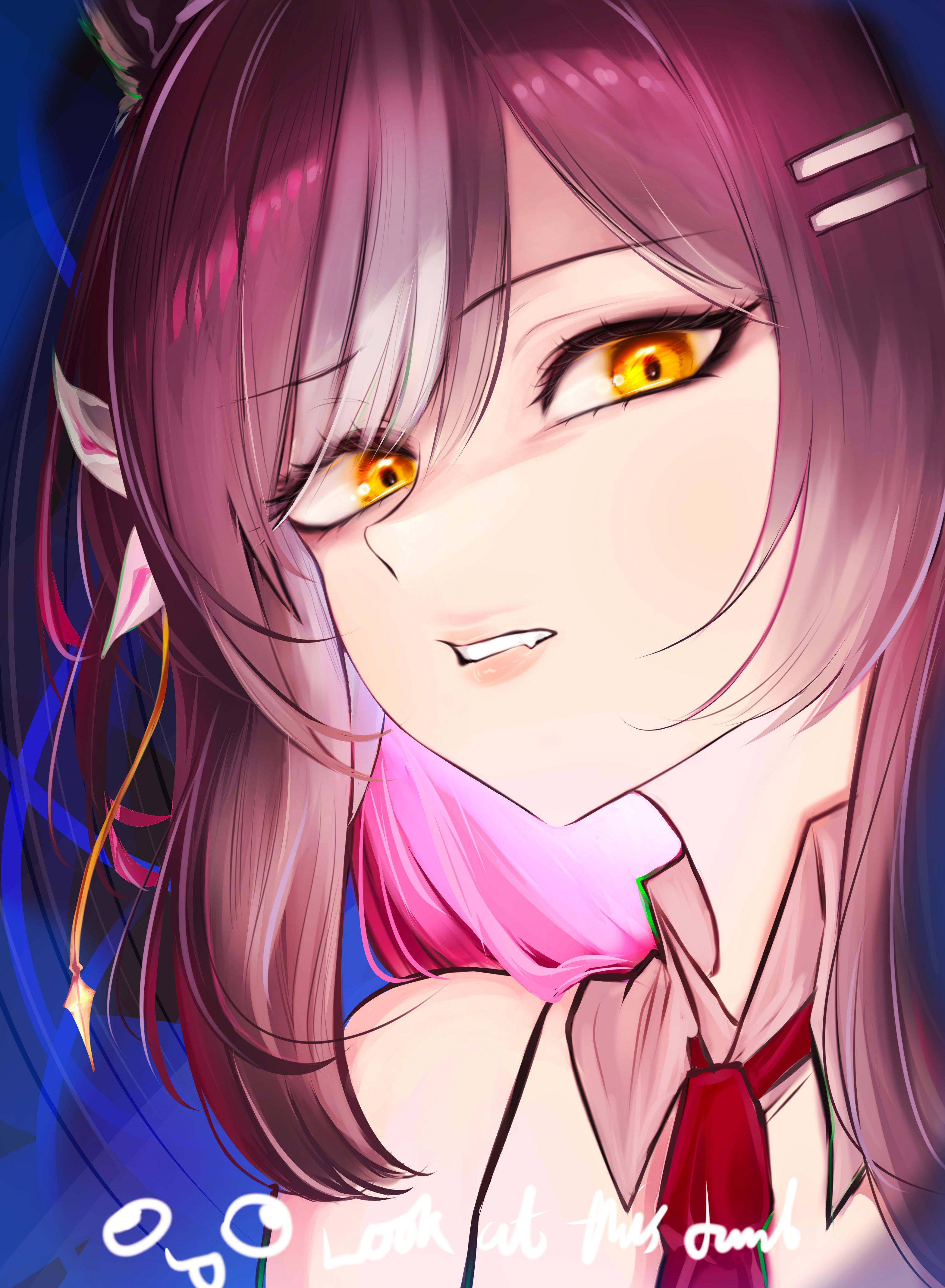 cafflin, chisaka airi, phase connect, tagme, 1girl, brown hair, fang, looking at viewer, necktie, pink hair, solo, tail, virtual youtuber, white hair, wolf tail, yellow eyes