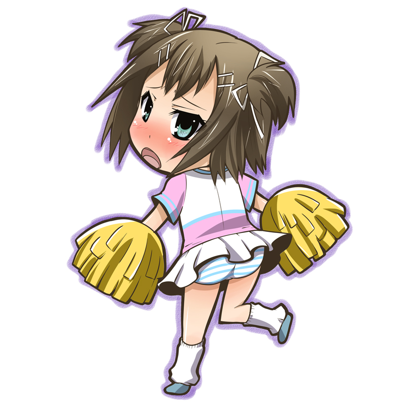 nukunuku, akai maho, kinoshita hideyoshi, baka to test to shoukanjuu, doki doki majo shinpan, bad id, bad pixiv id, 1boy, akai maho (cosplay), ass, blush, brown hair, cheerleader, chibi, cosplay, crossdressing, crossdressing (mtf), full body, green eyes, hair ribbon, loose socks, male focus, open mouth, panties, pom pom (cheerleading), ribbon, short twintails, simple background, skirt, socks, solo, striped clothes, striped panties, trap, twintails, underwear