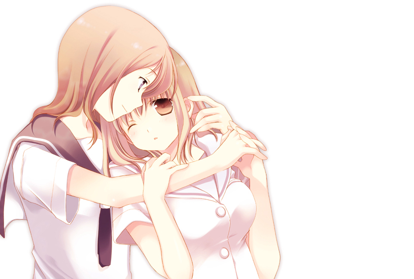 tokumi yuiko, fukuji mihoko, takei hisa, saki (manga), bad id, bad pixiv id, 00s, 2girls, blush, brown eyes, brown hair, holding hands, hug, multiple girls, one eye closed, purple eyes, school uniform, serafuku, wink, yuri