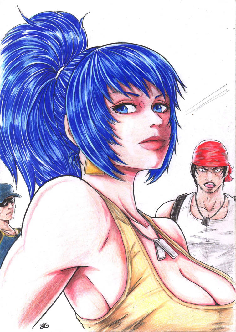 clark still, leona heidern, ralf jones, the king of fighters, 1girl, blue eyes, blue hair, breasts, earrings, female focus, huge breasts, jewelry, juliole35301969, large breasts, long hair, military, pale skin, ponytail, shirt, tank top, thick lips, tight clothes, tight shirt