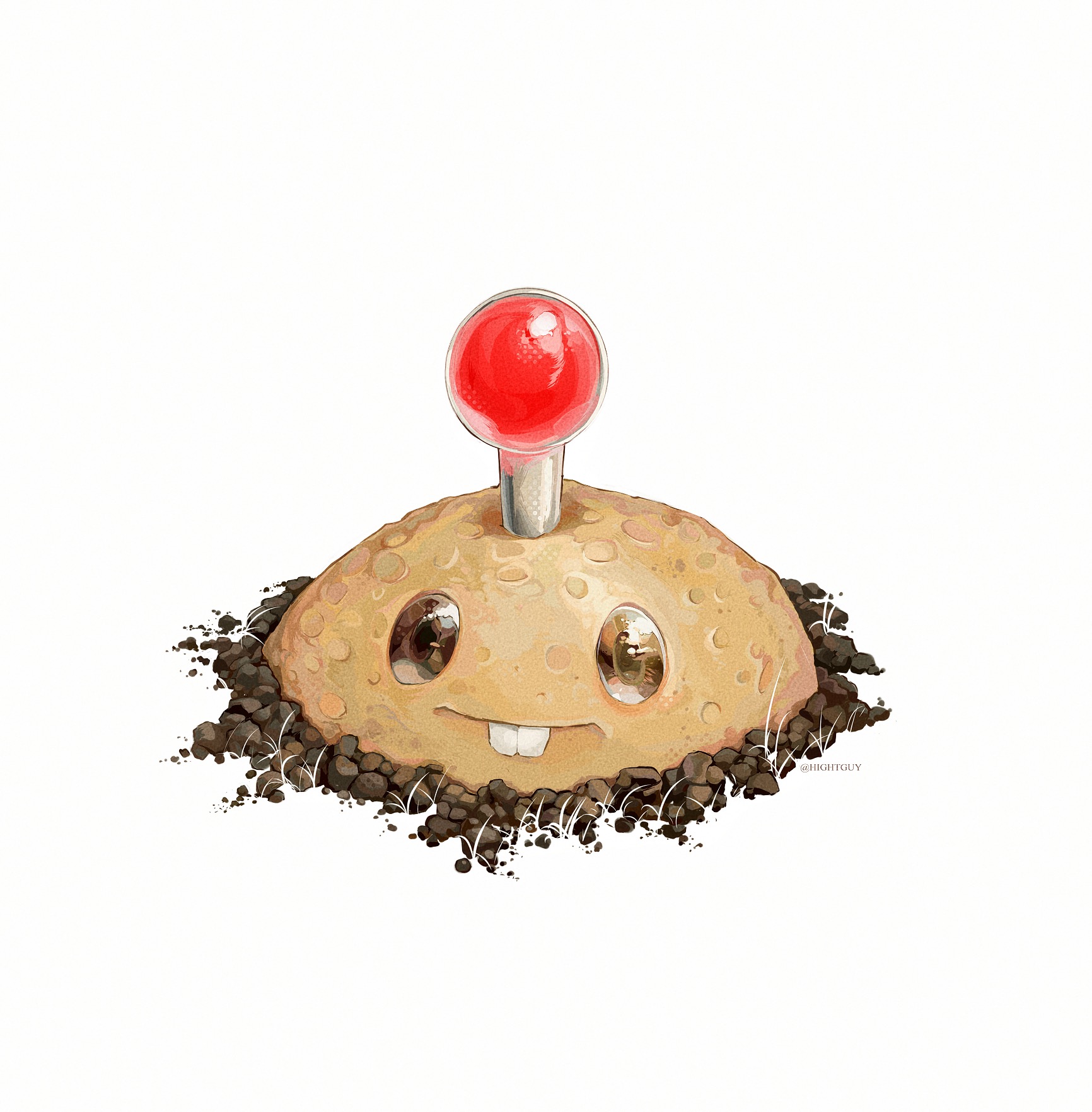 hightguy, potato mine (plants vs. zombies), plants vs. zombies, commentary, highres, symbol-only commentary, artist name, ben-day dots, brown eyes, buck teeth, closed mouth, dirt, film grain, light smile, looking at viewer, no humans, screentones, solid oval eyes, solo, teeth, white background