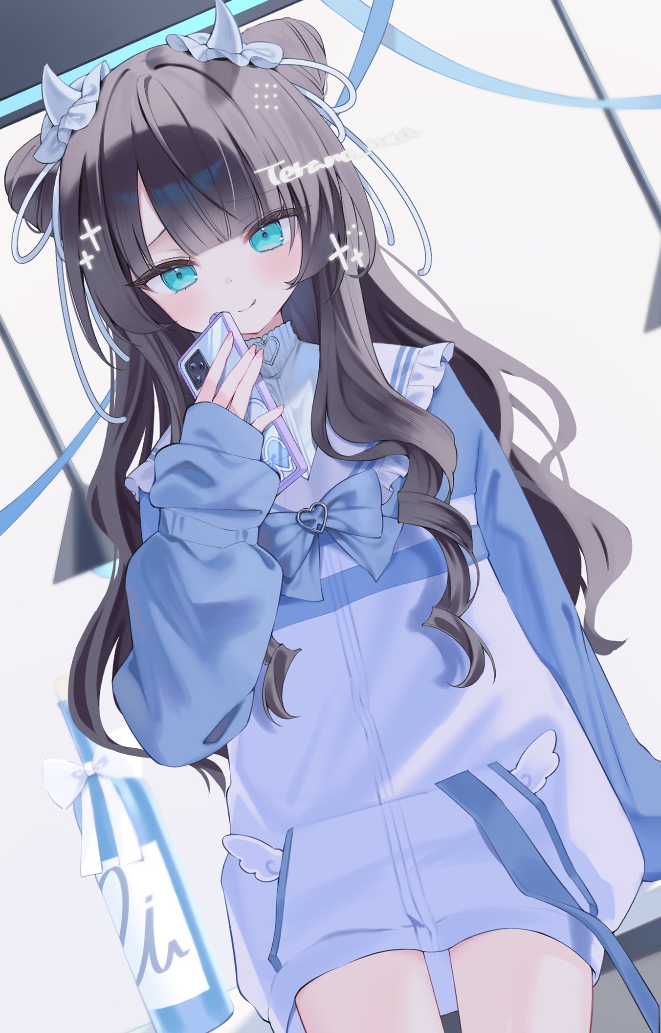 terano naa, indie virtual youtuber, commentary, commission, highres, skeb commission, 1girl, aqua eyes, blue bow, blue jacket, blunt bangs, bottle, bow, brown hair, cellphone, cone hair bun, double bun, drill hair, hair bun, holding, holding phone, horns, jacket, long hair, long sleeves, looking at viewer, nana pantzilya, phone, shirt, smartphone, smile, solo, virtual youtuber, white shirt