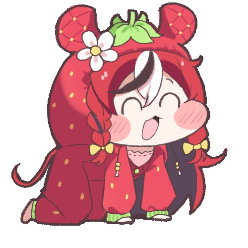 cafelittle, hakos baelz, hakos baelz (strawberry onesie), hololive, hololive english, commentary, lowres, 1girl, ahoge, all fours, animal ear fluff, animal ears, black hair, black streaks, blush stickers, braid, chibi, closed eyes, double-parted bangs, food, fruit, hair between eyes, hood, hooded pajamas, meme, mouse ears, mouse tail, multicolored hair, onesie, open mouth, pajamas, red hair, red pajamas, smile, speakiposting (meme), strawberry, tail, virtual youtuber, white background, white hair