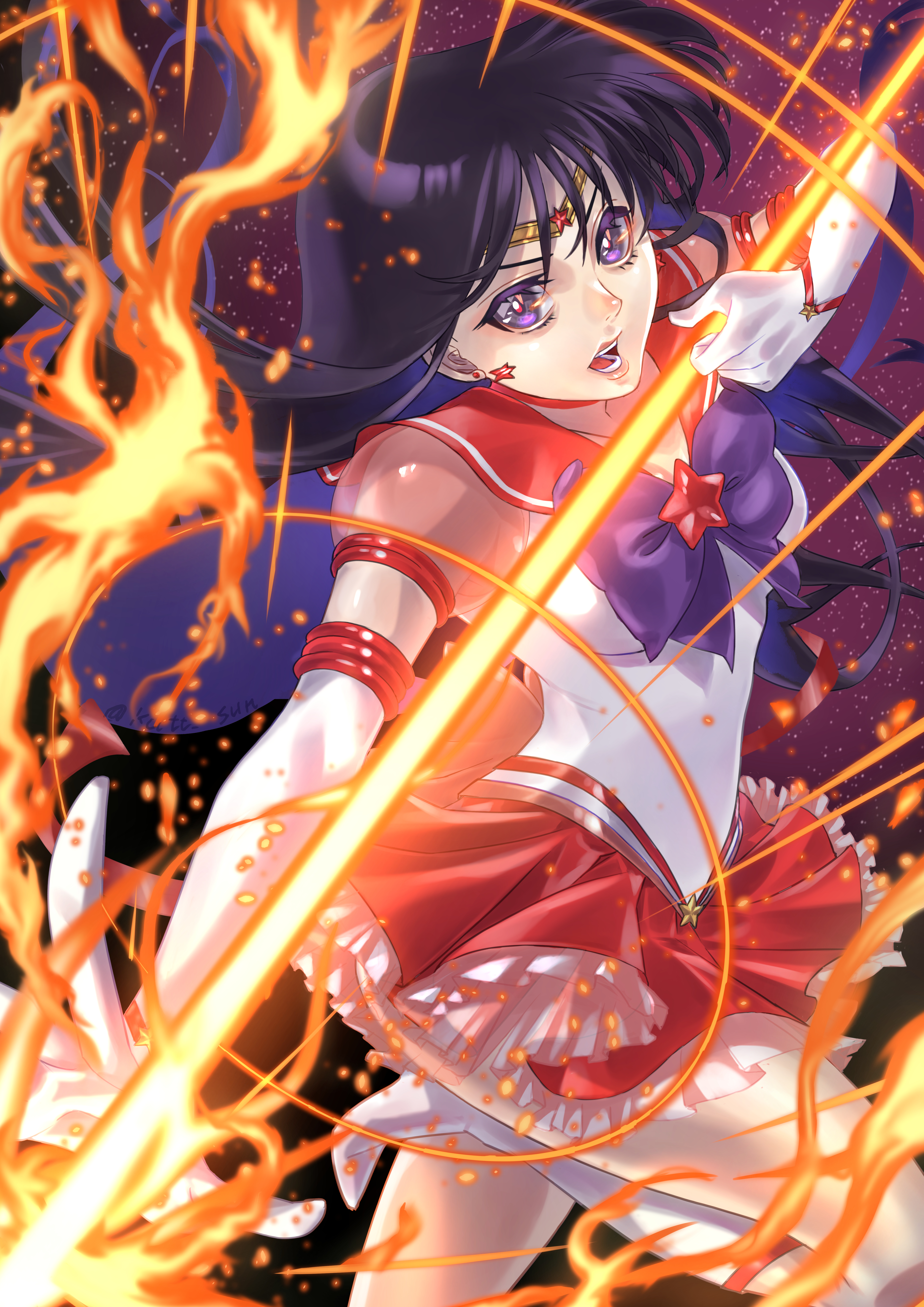 katt sun, hino rei, sailor mars, super sailor mars (stars), bishoujo senshi sailor moon, absurdres, commentary request, highres, black hair, boots, brooch, choker, earrings, elbow gloves, fire, gloves, jewelry, lips, long hair, looking at viewer, mars arrow, mars flame sniper, open mouth, purple eyes, pyrokinesis, red sailor collar, red skirt, sailor collar, sailor senshi uniform, skirt, standing, standing on one leg, star (symbol), star brooch, star choker, thighs, very long hair, white boots, white gloves