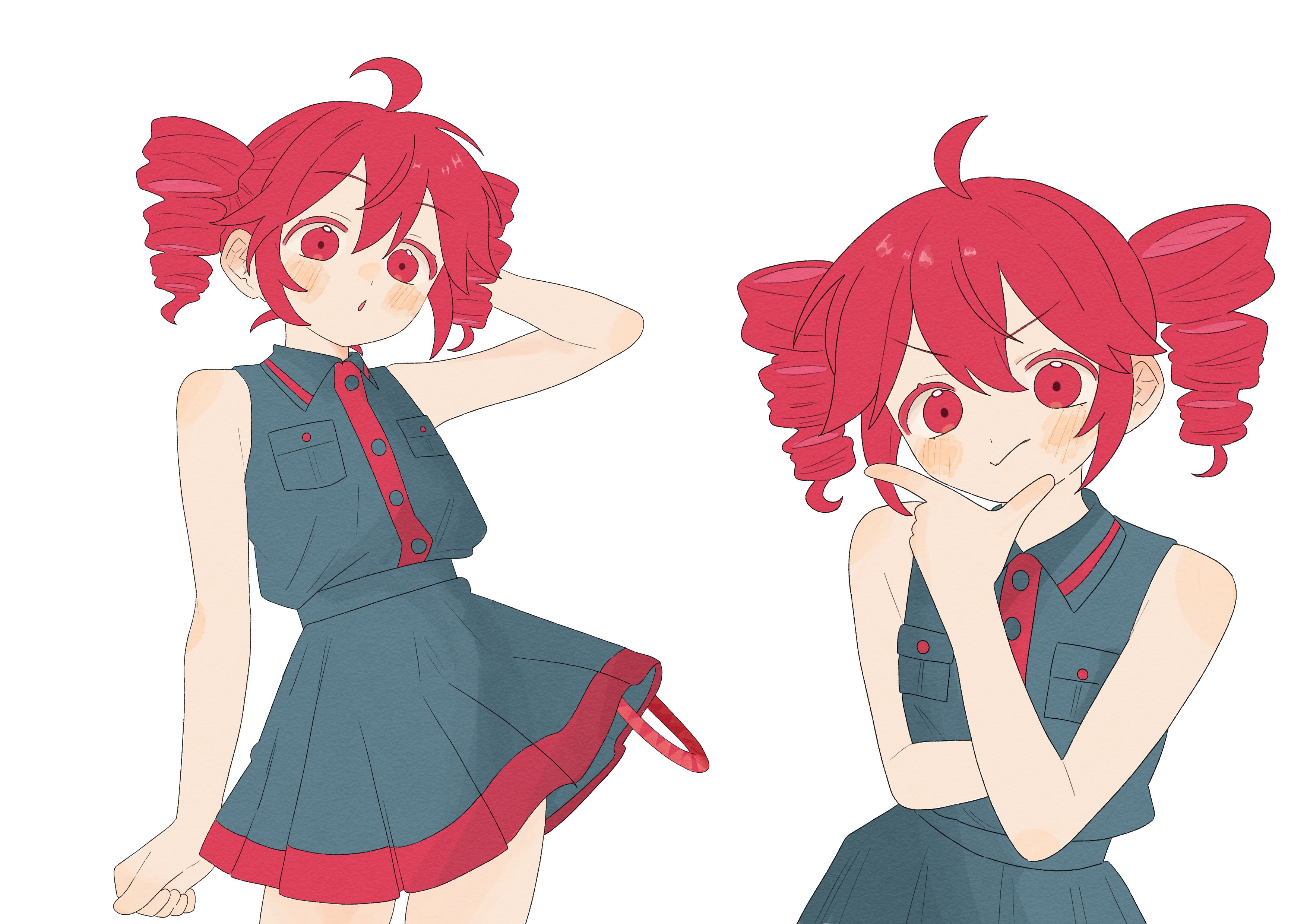 kasane teto, kasane teto (utau), utau, absurdres, hashtag-only commentary, highres, 1girl, bare arms, bare shoulders, grey shirt, grey skirt, komori kamome, looking at viewer, miniskirt, multiple views, red eyes, red hair, shirt, skirt, sleeveless, sleeveless shirt, twintails