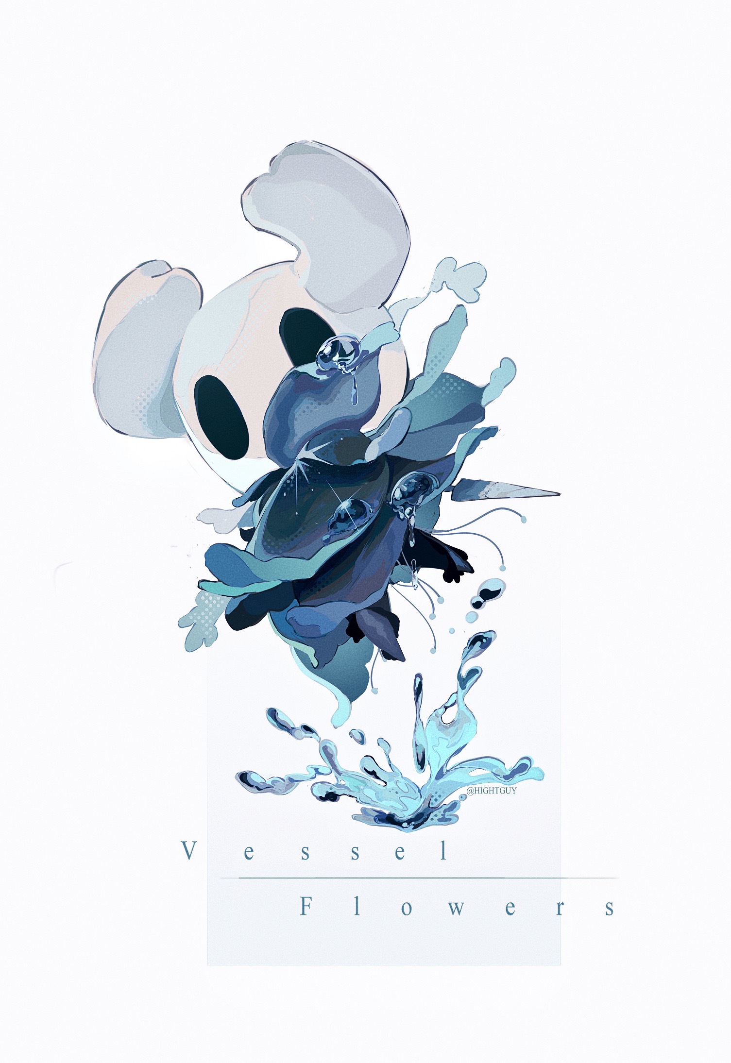 hightguy, knight (hollow knight), hollow knight, chinese commentary, commentary request, highres, 1other, black cloak, border, cloak, film grain, floating, full body, grey background, halftone, hollow eyes, horned mask, looking at viewer, mask, other focus, outside border, simple background, solid oval eyes, solo, water, white border, white mask