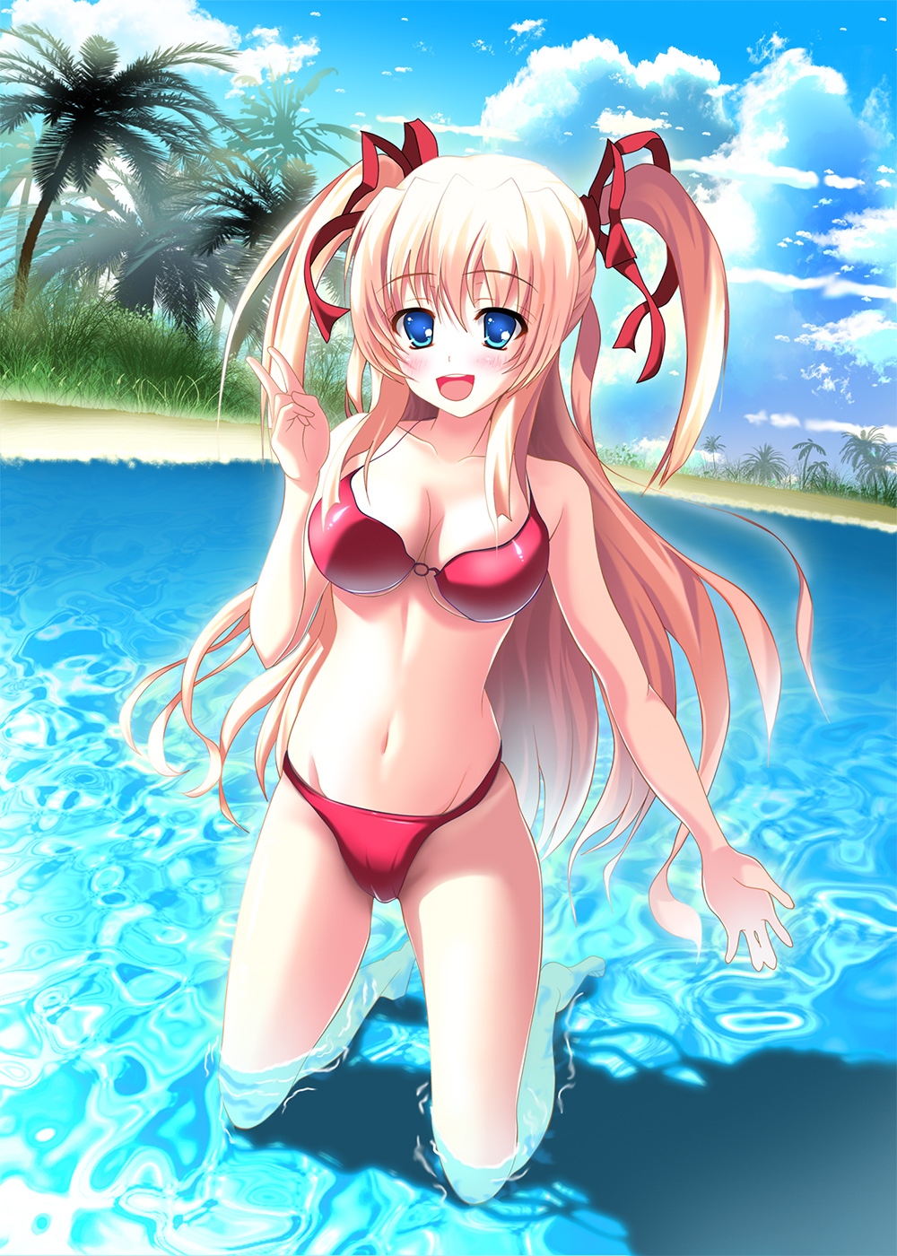 skyt2, original, highres, 1girl, bad anatomy, bad hands, beach, bikini, blonde hair, blue eyes, day, female focus, kneeling, long hair, poorly drawn, red bikini, solo, submerged, swimsuit, twintails, v, very long hair