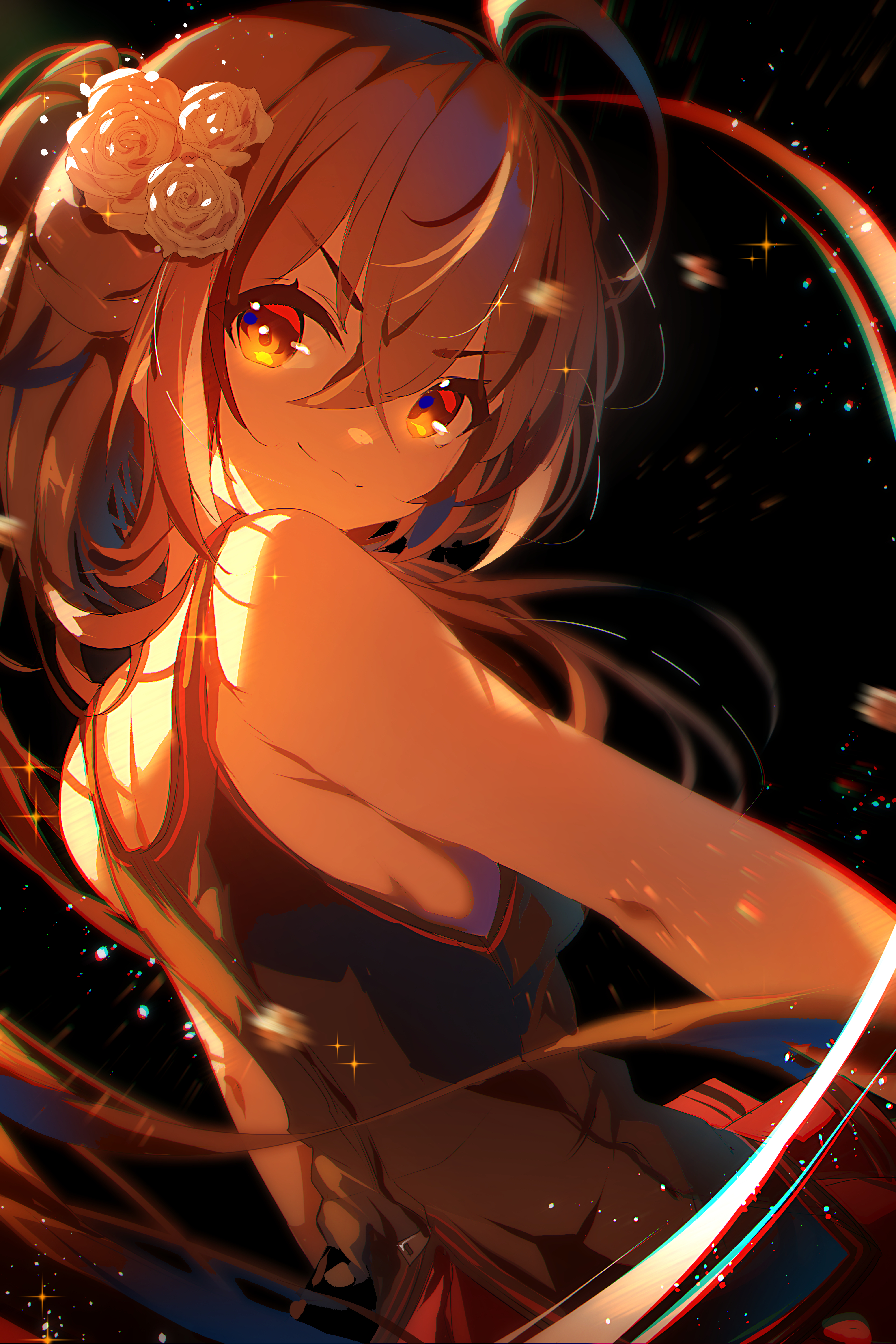 the0neulost, nanashi mumei, hololive, hololive english, absurdres, commentary, english commentary, highres, 1girl, brown eyes, brown hair, flower, from behind, hair between eyes, hair flower, hair ornament, long hair, looking at viewer, pleated skirt, skirt, sleeveless, solo, virtual youtuber