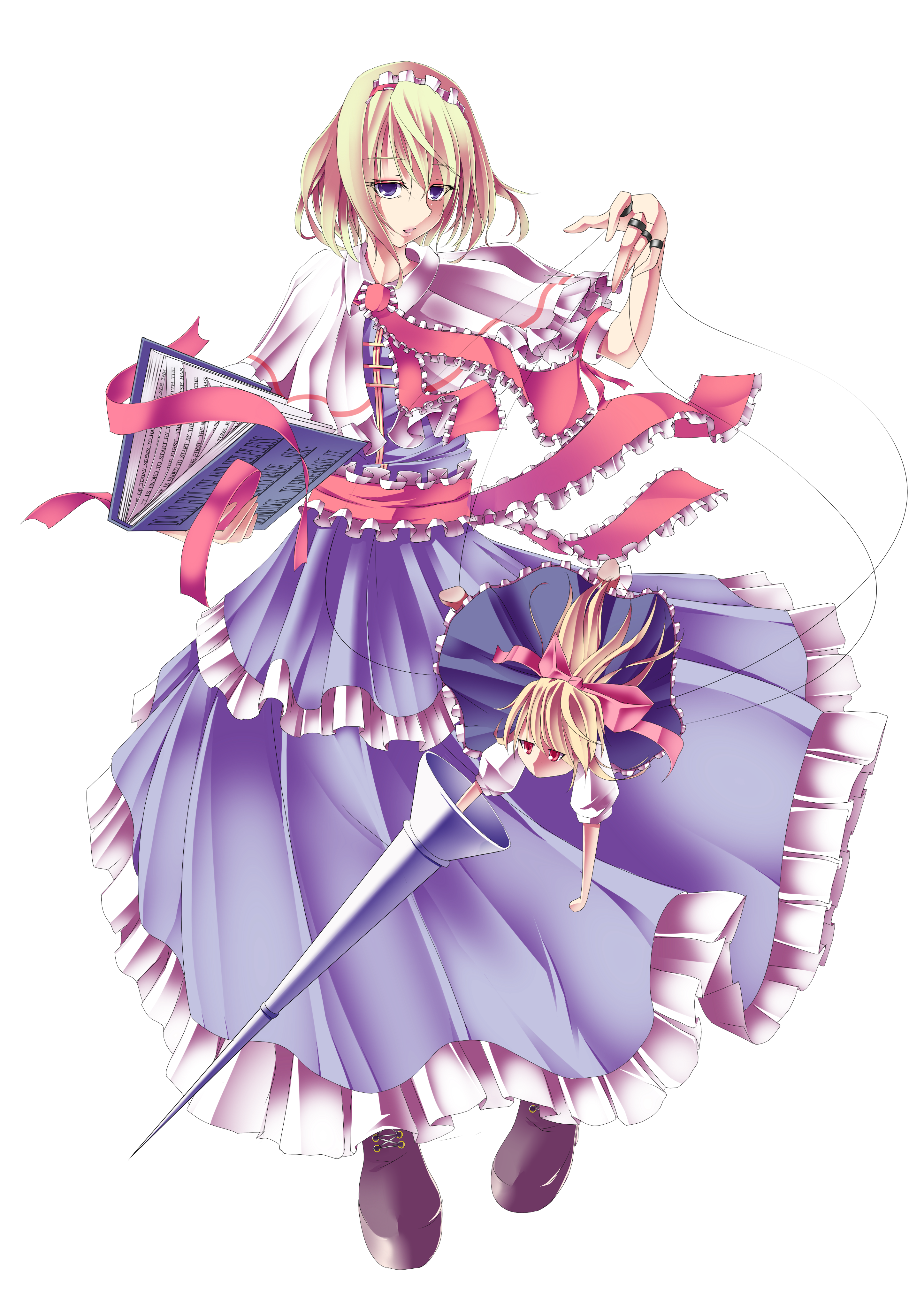 gumitaroo, alice margatroid, shanghai doll, touhou, absurdres, highres, 1girl, blonde hair, blue eyes, book, bow, dress, female focus, full body, lance, long hair, maid headdress, polearm, ponytail, red eyes, ribbon, shoes, short hair, solo, string, transparent background, weapon, wire