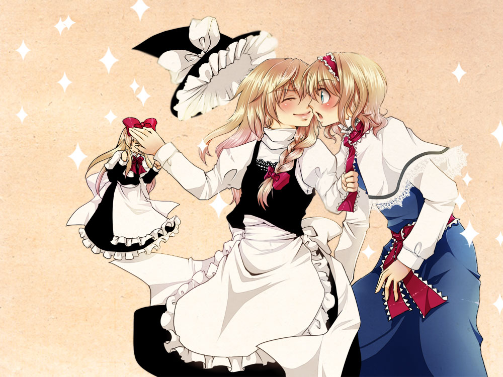 geike, alice margatroid, kirisame marisa, shanghai doll, touhou, bad id, bad pixiv id, 3girls, apron, blonde hair, blue eyes, blush, bow, braid, capelet, covering own eyes, doll, dress, female focus, hair bow, hair ribbon, hairband, hat, imminent kiss, long hair, multiple girls, open mouth, ribbon, short hair, surprised, unworn hat, unworn headwear, waist apron, witch, witch hat, yuri