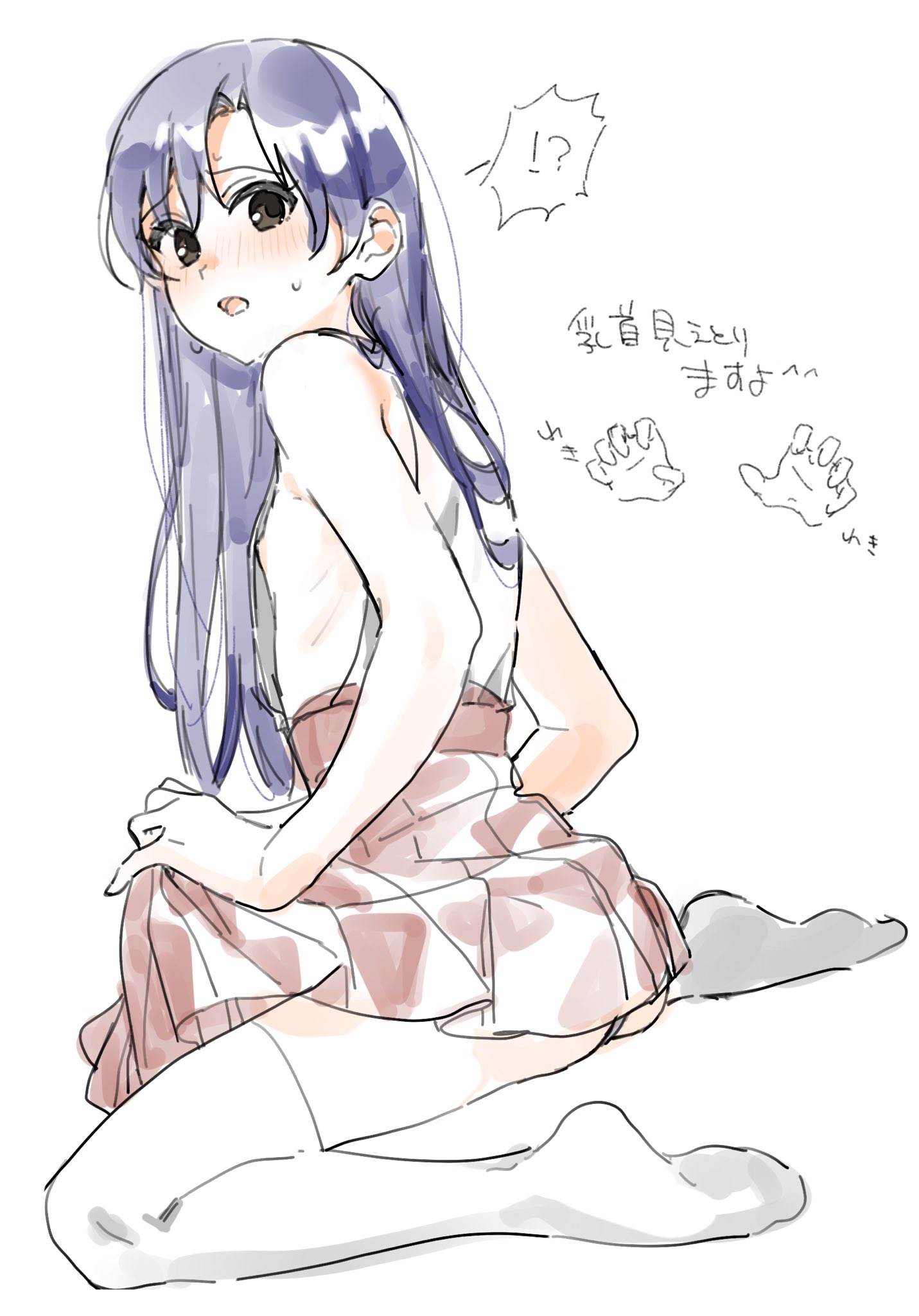 nozawa noko, kisaragi chihaya, idolmaster, idolmaster (classic), highres, translation request, !?, 1girl, blue hair, blush, brown eyes, disembodied hand, flat chest, from side, full body, long hair, looking at viewer, looking to the side, nipples, no shoes, open mouth, red skirt, simple background, sitting, skirt, solo, sweatdrop, thighhighs, topless female, wariza, white background, white thighhighs