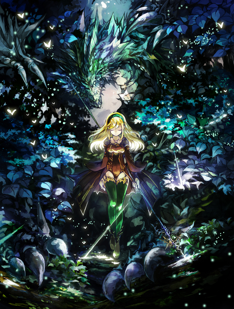 touka (jue), yoyo (bahamut lagoon), bahamut lagoon, commentary request, 1girl, album cover, alternate costume, brown leotard, brown shoes, bug, butterfly, closed mouth, cover, dragon, facing viewer, full body, green hairband, green thighhighs, hairband, holding, holding staff, insect, leotard, monster, shoes, smile, solo, staff, thighhighs