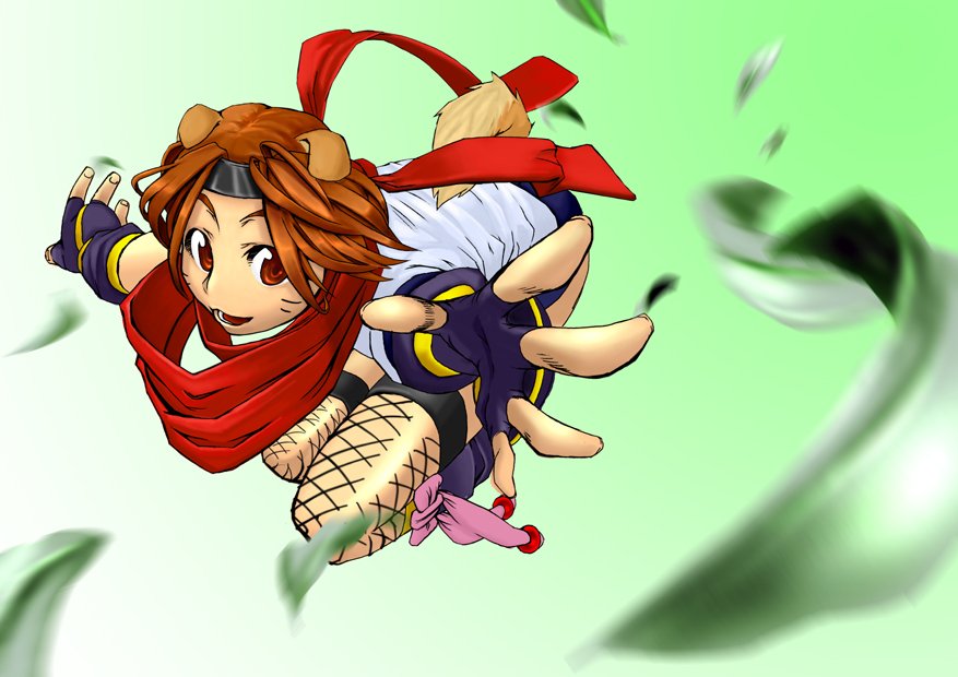 konoha (arcana heart), aq interactive, arcana heart, atlus, examu, 1girl, animal ears, brown eyes, brown hair, buruma, dog ears, dog tail, female focus, fingerless gloves, gloves, green background, gym uniform, headband, ninja, scarf, simple background, solo, tail