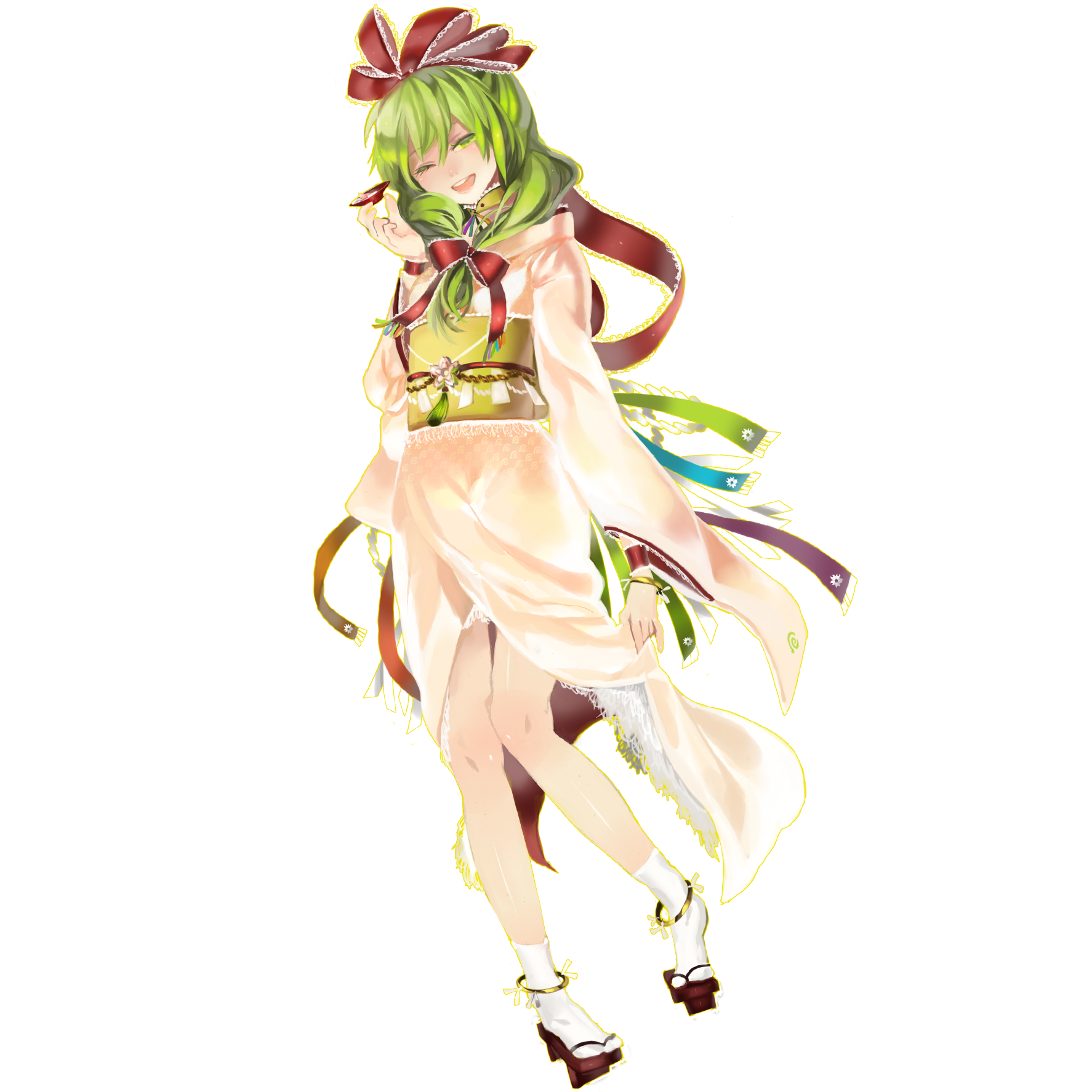 kaninn, kagiyama hina, touhou, bad id, bad pixiv id, highres, 1girl, alcohol, female focus, front ponytail, full body, green eyes, green hair, japanese clothes, kimono, matching hair/eyes, one eye closed, sake, solo, transparent background, wink