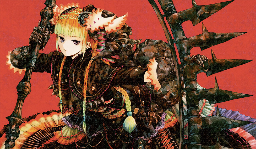 kaya8, original, bad id, bad pixiv id, 1girl, armor, black eyes, blonde hair, braid, dress, female focus, gauntlets, hair ornament, hair over shoulder, long hair, solo, twin braids, weapon