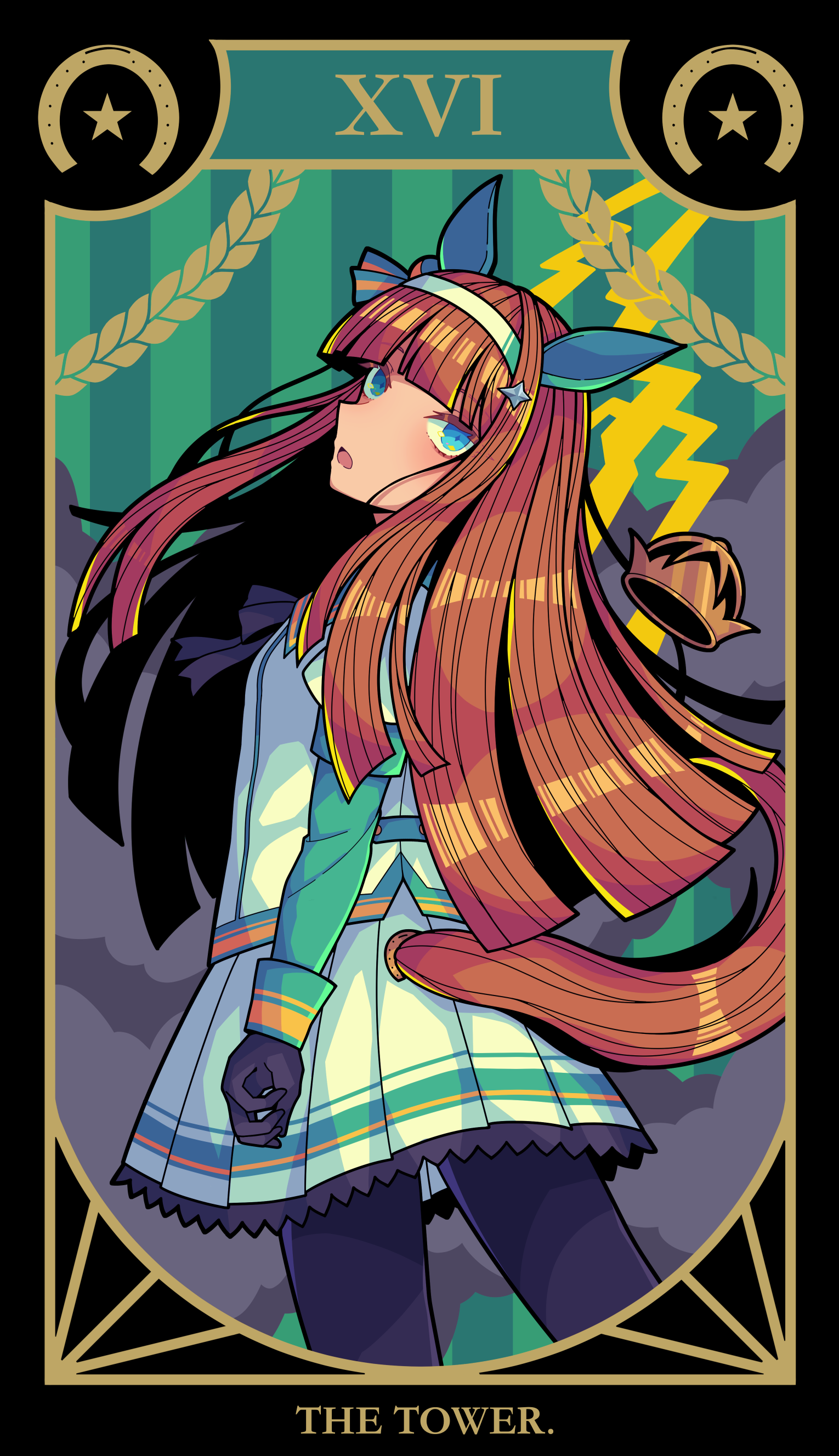 rirashi, silence suzuka (innocent silence) (umamusume), silence suzuka (umamusume), umamusume, absurdres, commentary request, highres, 1girl, animal ears, black gloves, black pantyhose, blue eyes, blunt bangs, blush, card (medium), crown, ear covers, gloves, green eyes, green sleeves, hair ornament, hairband, hime cut, horse ears, horse girl, horse tail, jacket, long hair, long sleeves, looking at viewer, looking back, open mouth, orange hair, orange tail, pantyhose, pleated skirt, skirt, solo, star (symbol), tail, tarot, tarot (medium), temperance (tarot), the tower (tarot), white hairband, white jacket, white skirt