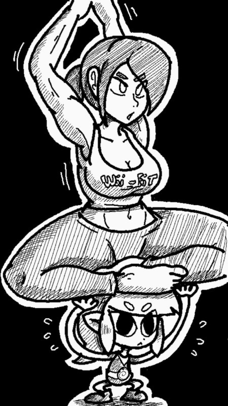 poopishness, link, toon link, wii fit trainer (female), miiverse, wii fit trainer, archived source, 1boy, 1girl, armpits, barefoot, belt, breasts, curvy, large breasts, monochrome, navel, ponytail, stretching, thick thighs, thighs, tunic, wide hips